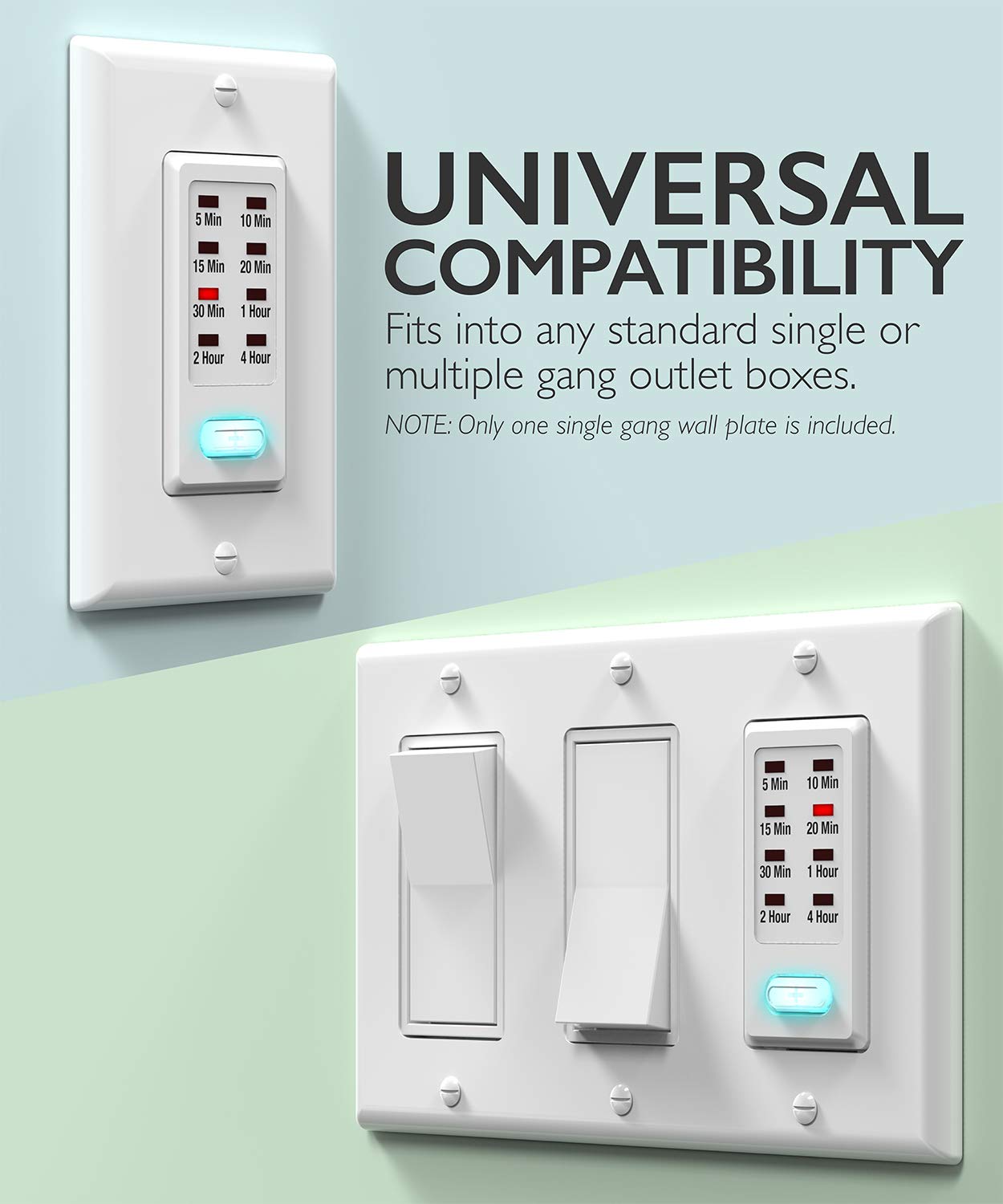 Fosmon 4 Hour Light Timer Switch, Programmable in-Wall Countdown Timer Switch for Lights, Fans, Bathroom, Heaters, 9 Setting 1875W, Neutral Wire Required, 5-10-30-60 Min, 2-4 Hour, 2PACK, ETL Listed - Image 7