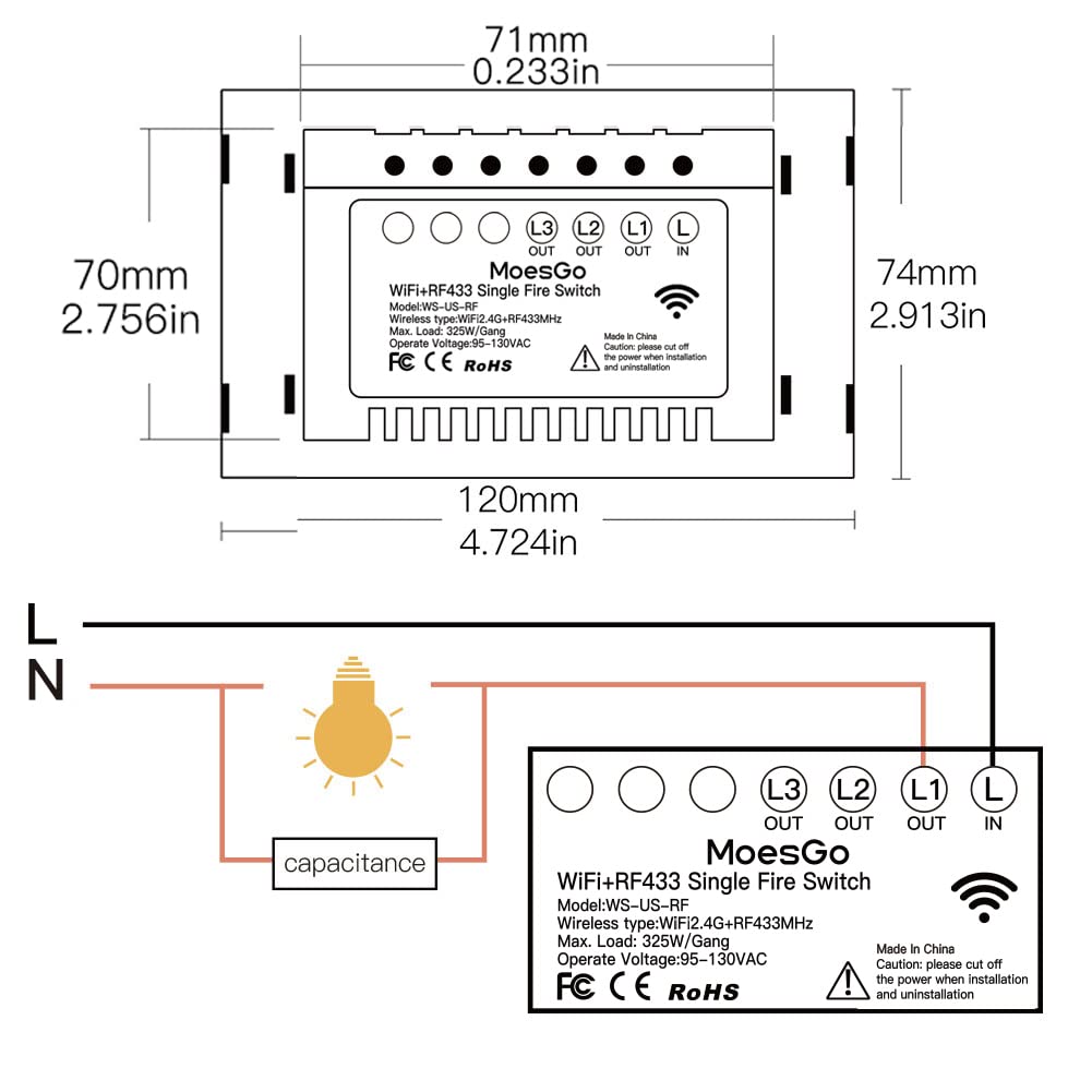 MoesGo 2nd Generation WiFi RF433 Smart Touch Wall Single Fire Smart Switch,No Neutral Wire Needed,Compatible with Smart Life/Tuya App, Works with Alexa and Google Home Single Pole 110V White 1 Gang - Image 8