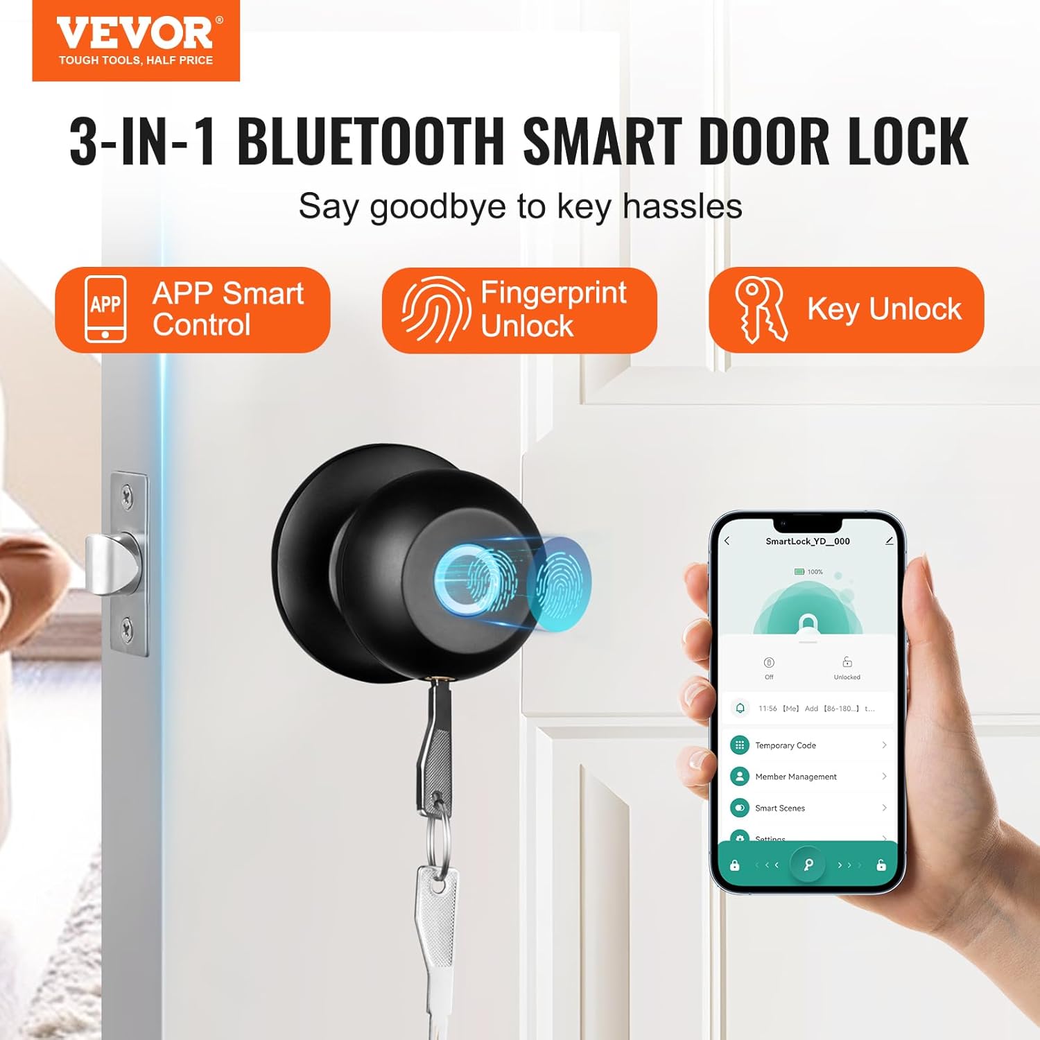 VEVOR Smart Door Knob, Fingerprint Smart Lock with APP Control, Biometric Door Lock Bluetooth Smart Lock, Easy Installation Door Lock, for Home Bedrooms, Cloakroom, Hotels, Apartments Offices, Black - Image 3