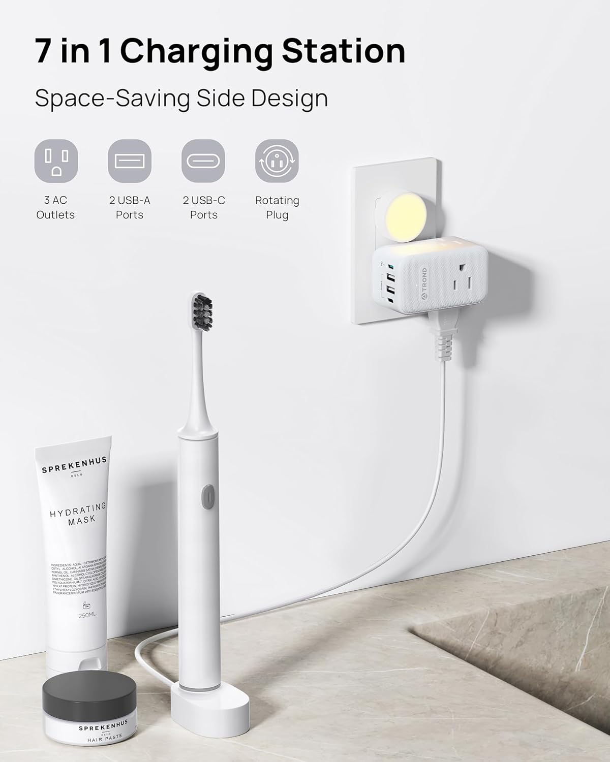 TROND 360° Rotating Multi Plug Outlet Extender, PD 20W USB C Fast Charging Station, Flat Power Splitter with 3 Way Sided Wall Adapter Indoor for Home Office Dorm Room Cruise Travel Essentials - Image 5
