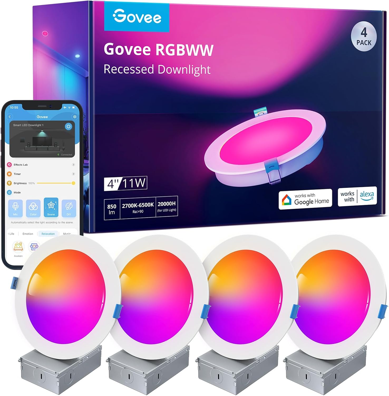 Govee 4 Inch Smart Recessed Pot Lights, Wi-Fi & Bluetooth RGBWW Dimmable LED Downlights, 16 Million DIY Colors LED Recessed Lighting with Junction Box for Party, 850 Lumen 11W, 4 Pack - Image 2