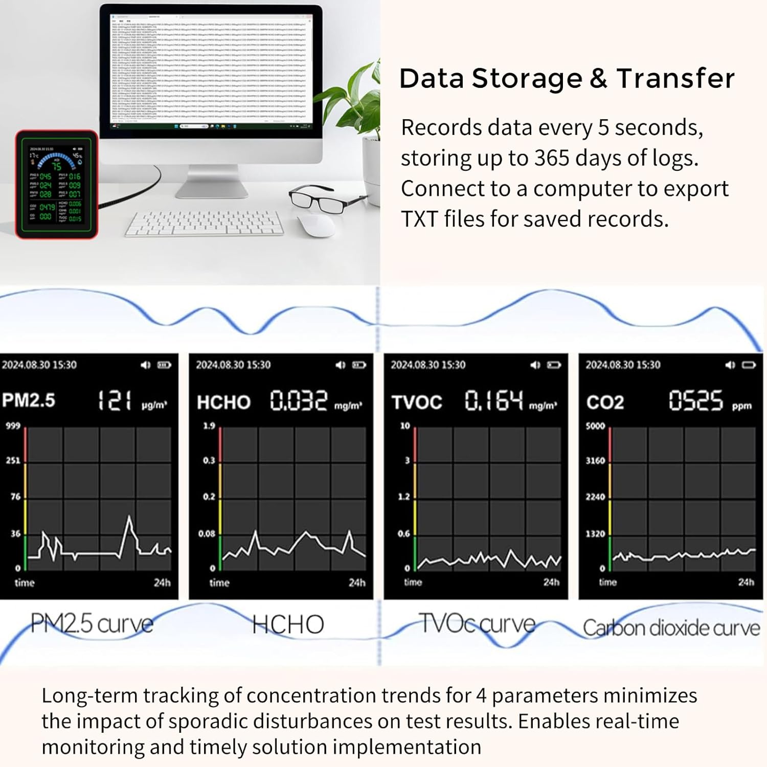 TianfuSpanda18-in-1 Smart Air Quality Monitor Indoor, CO2/CO/HCHO/TVOC/C6H6/PM0.3-10 Detection, Real-Time Data Logging & Bluetooth Sync, AQI Alarm, Type-C Charging for Home/Office/Car (2.8" Display) - Image 9