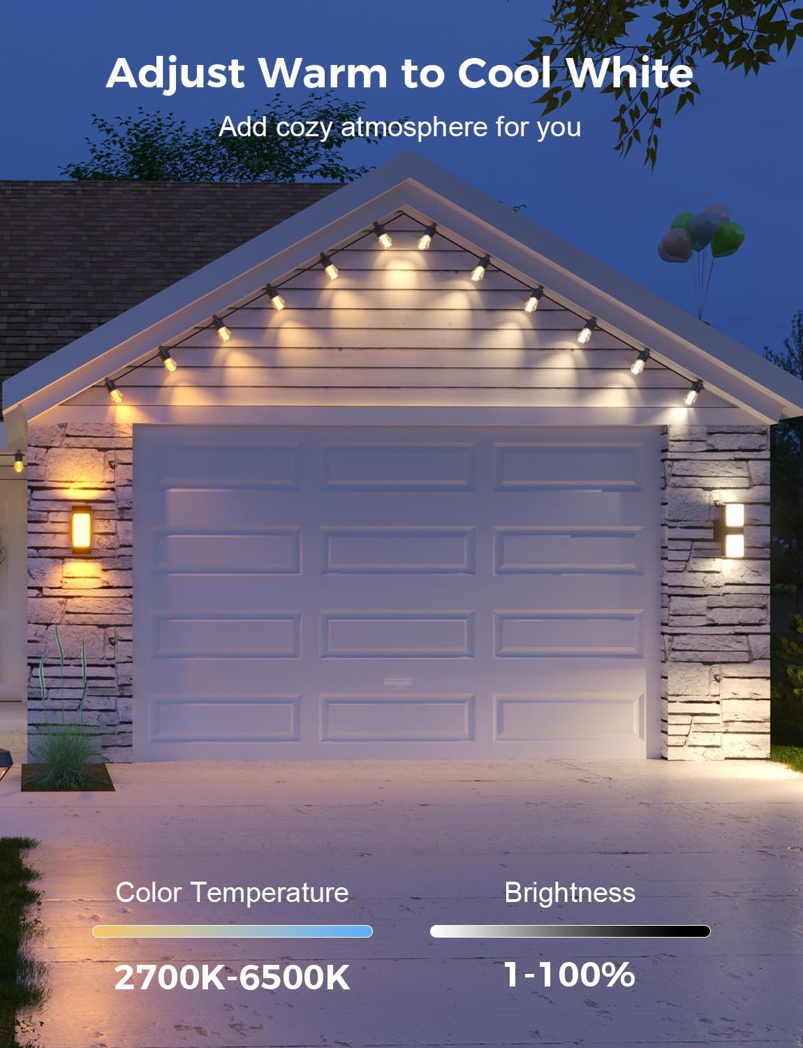 XMCOSY+ 48FT Smart Outdoor String Lights - RGBCWIC Dimmable Acrylic Bulbs, Color Changing LED Patio Light APP WiFi Control, Work with Alexa, IP65 Waterproof for Backyard Yard Porch Cafe Bistro Gazebo - Image 5