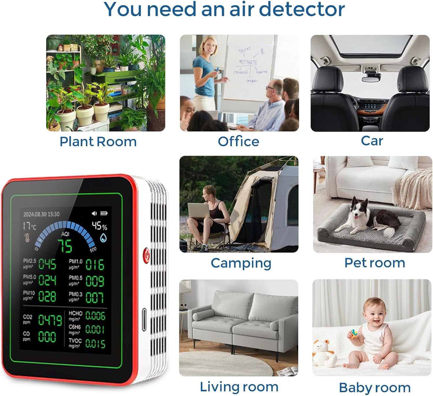 TianfuSpanda18-in-1 Smart Air Quality Monitor Indoor, CO2/CO/HCHO/TVOC/C6H6/PM0.3-10 Detection, Real-Time Data Logging & Bluetooth Sync, AQI Alarm, Type-C Charging for Home/Office/Car (2.8" Display) - Image 4