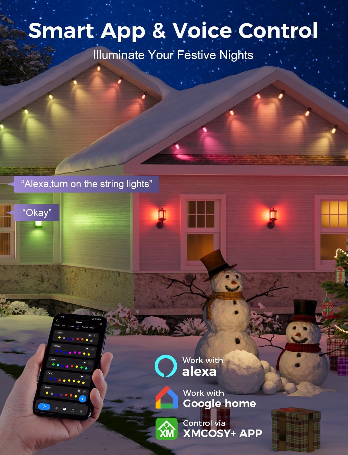 XMCOSY+ 48FT Smart Outdoor String Lights - RGBCWIC Dimmable Acrylic Bulbs, Color Changing LED Patio Light APP WiFi Control, Work with Alexa, IP65 Waterproof for Backyard Yard Porch Cafe Bistro Gazebo - Image 3