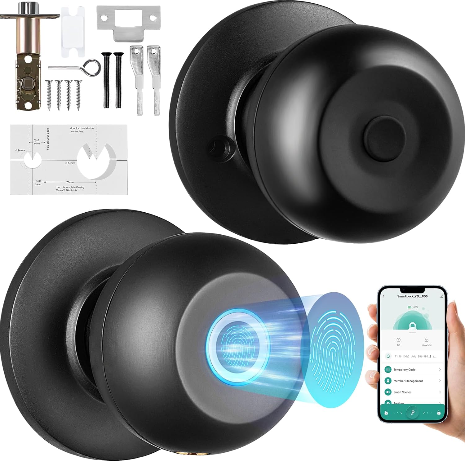 VEVOR Smart Door Knob, Fingerprint Smart Lock with APP Control, Biometric Door Lock Bluetooth Smart Lock, Easy Installation Door Lock, for Home Bedrooms, Cloakroom, Hotels, Apartments Offices, Black - Image 2