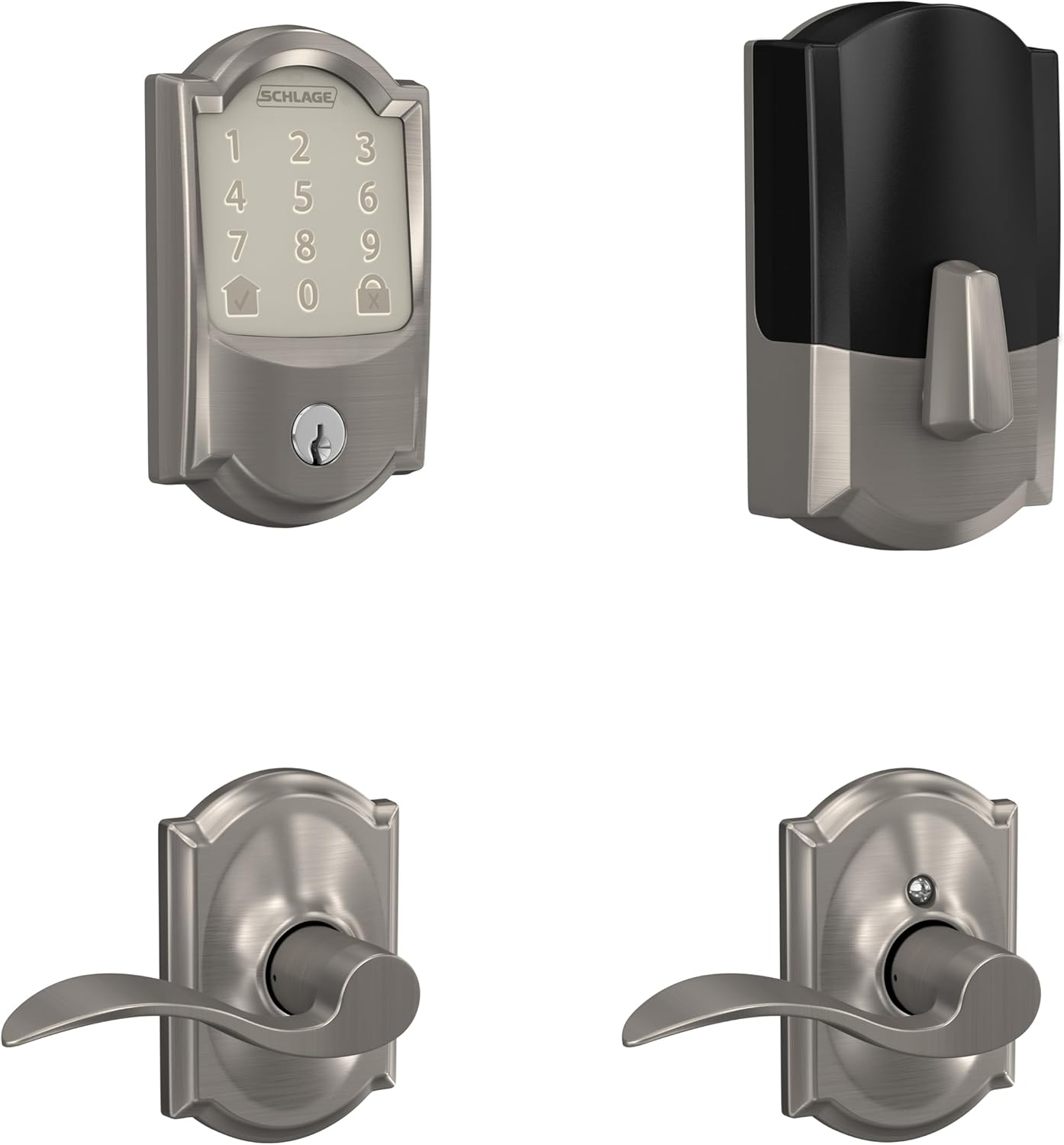 Schlage Encode Smart WiFi Deadbolt Lock and Camelot Accent Passage Lever Combo - Keyless Entry with App or Touchscreen with Camelot Trim, Satin Nickel, FBE489 CAM 619ACC CAM - Image 2