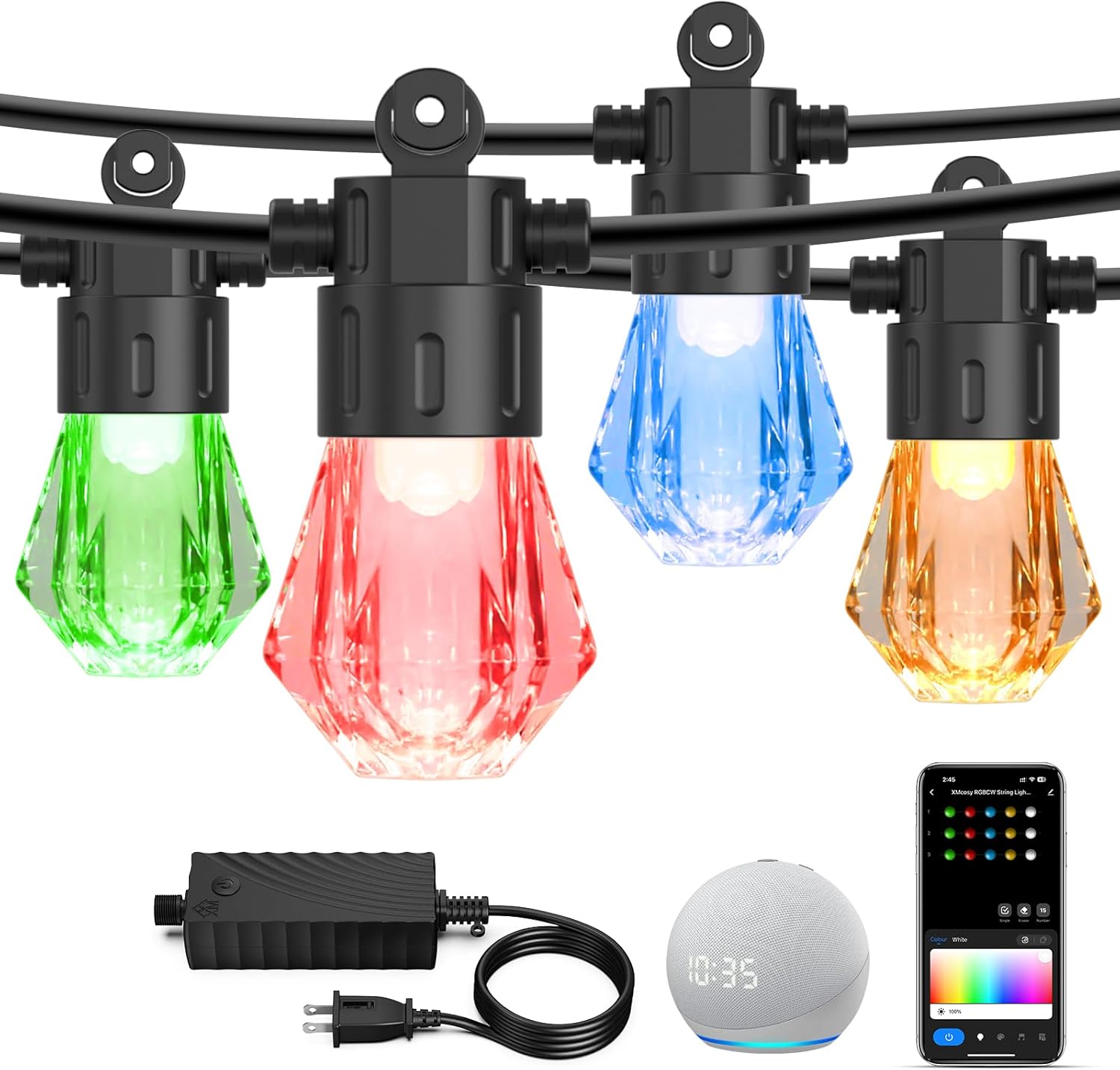 XMCOSY+ 48FT Smart Outdoor String Lights - RGBCWIC Dimmable Acrylic Bulbs, Color Changing LED Patio Light APP WiFi Control, Work with Alexa, IP65 Waterproof for Backyard Yard Porch Cafe Bistro Gazebo - Image 2