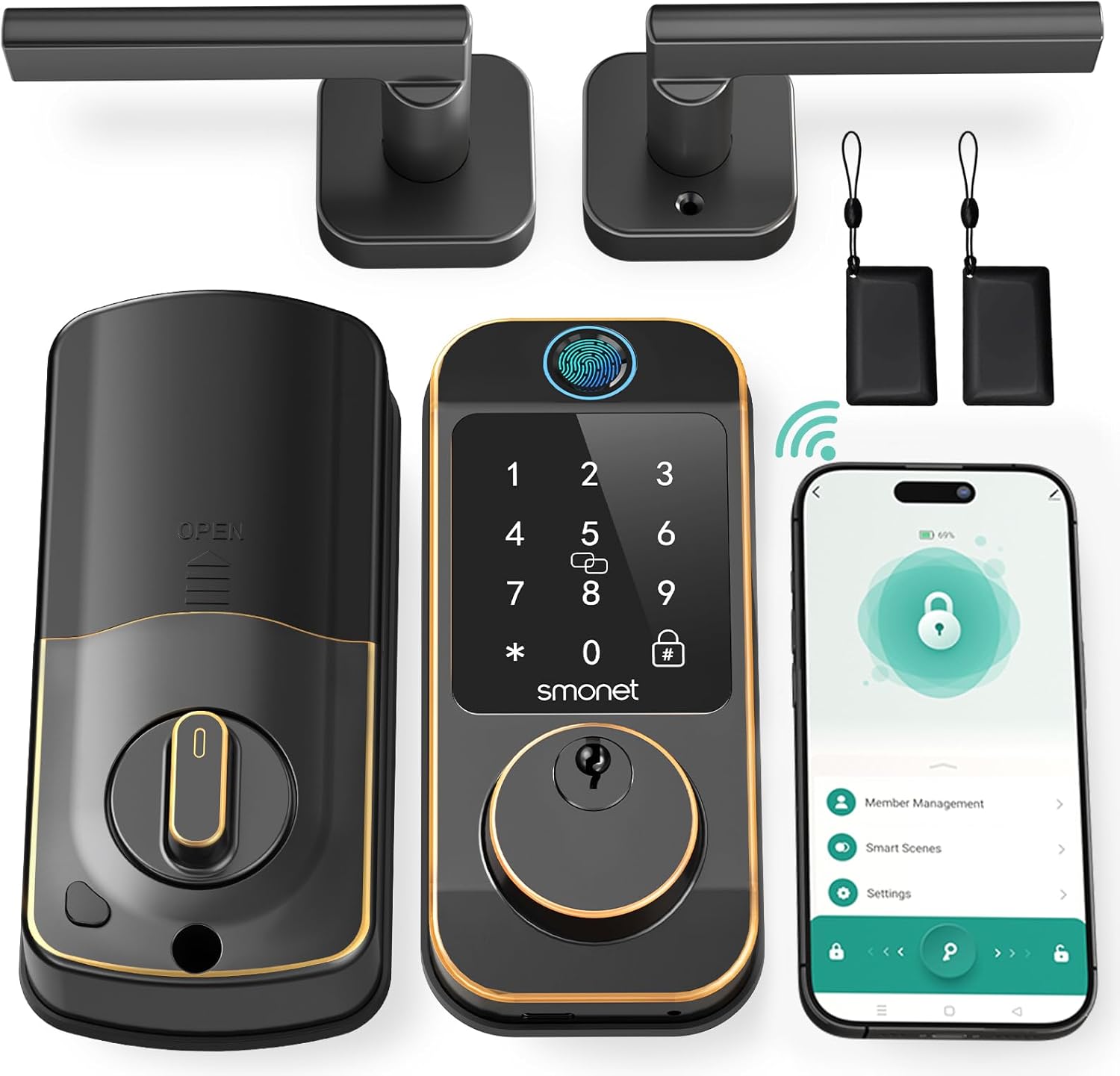 WiFi Door Lock Handle Set: SMONET Fingerprint Smart Locks for Front Door, Deadbolt Keypad Bluetooth Digital Lock Set with Alexa, App Remote Control, Auto Lock for Home, ORB - Image 2