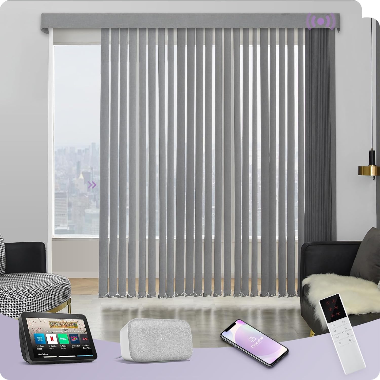 Graywind Motorized Vertical Window Blinds Compatible with Alexa Google Smart Blinds Remote Control Track Slats for Sliding Patio Door Width Up to 157" Blackout Light Grey - Image 2
