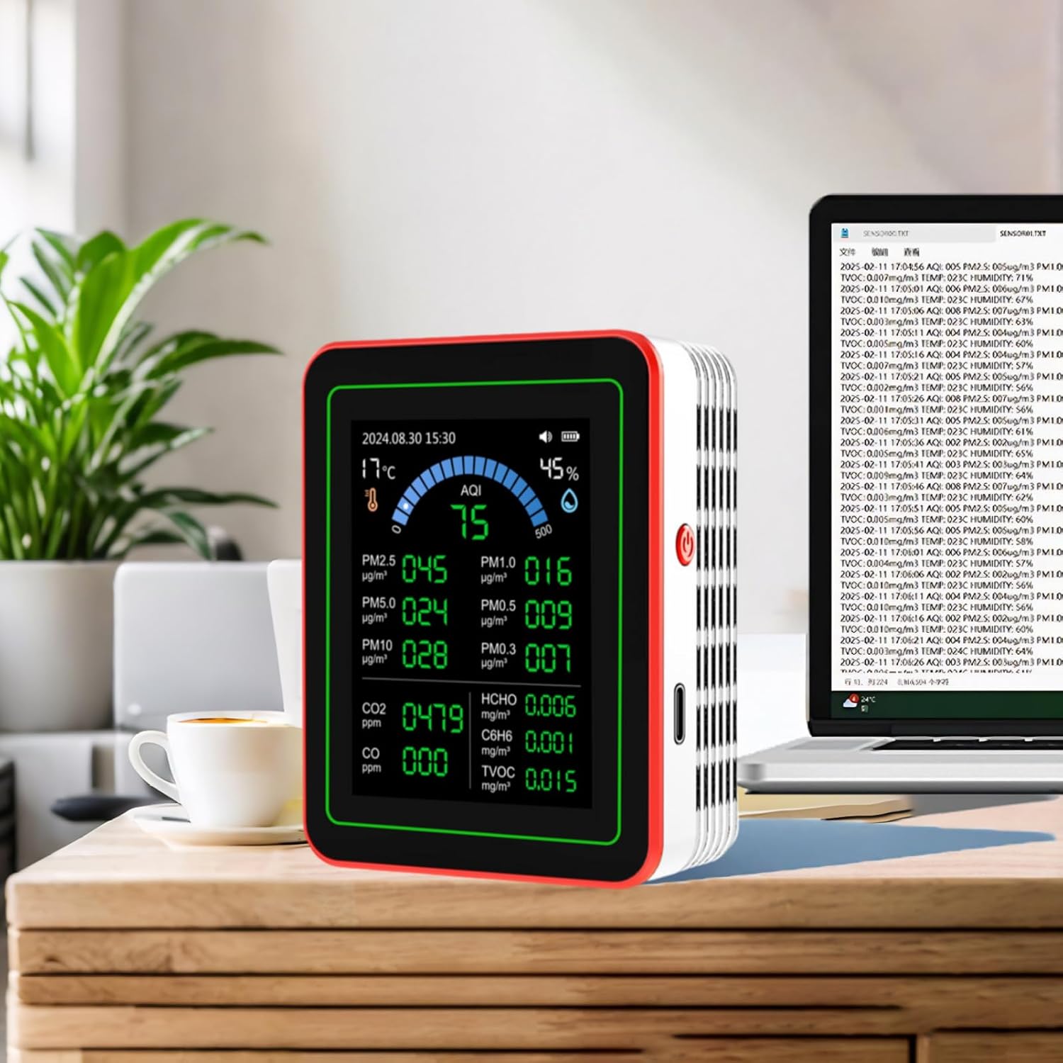 TianfuSpanda18-in-1 Smart Air Quality Monitor Indoor, CO2/CO/HCHO/TVOC/C6H6/PM0.3-10 Detection, Real-Time Data Logging & Bluetooth Sync, AQI Alarm, Type-C Charging for Home/Office/Car (2.8" Display) - Image 2