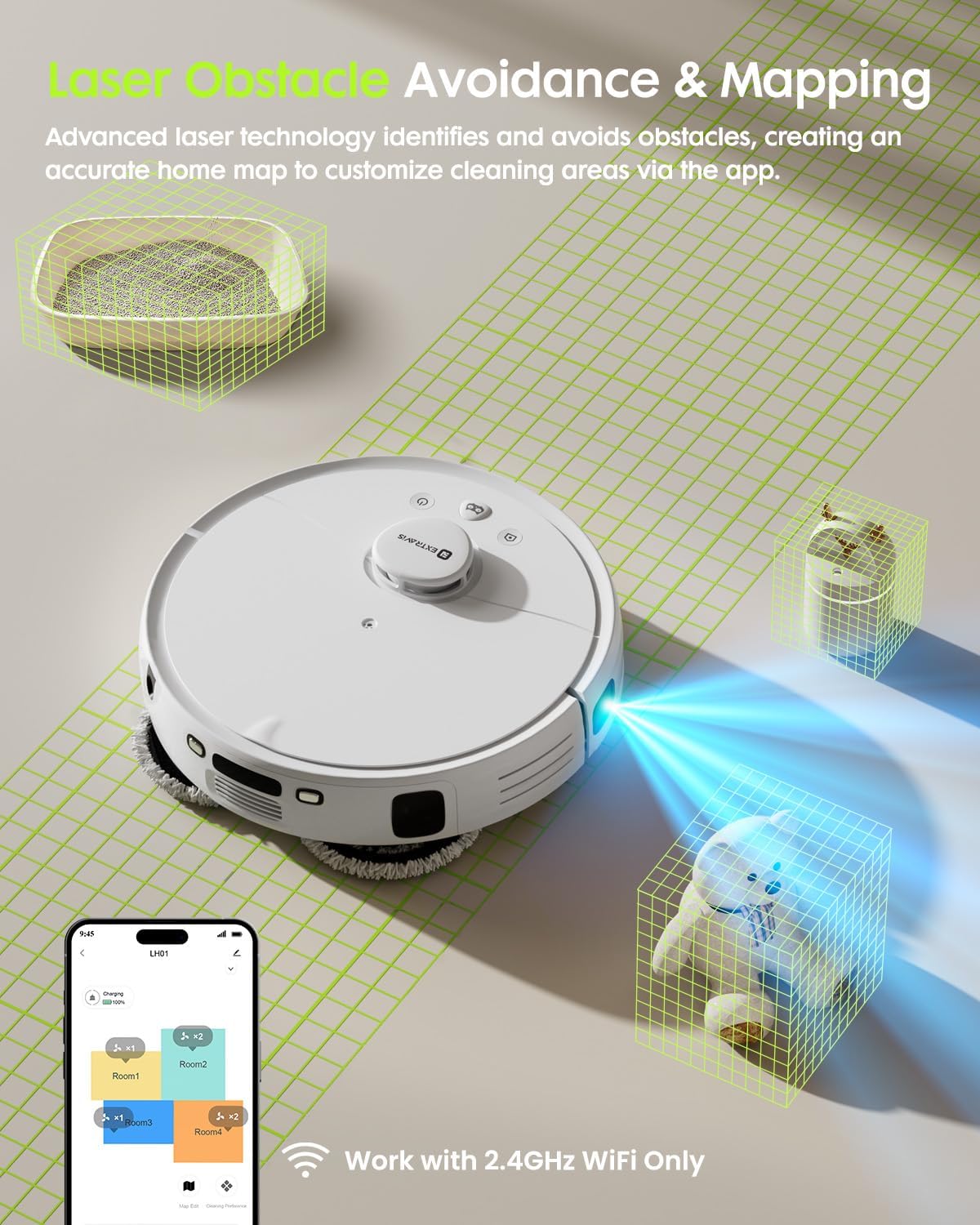 V5 Robot Vacuum and Mop, Self-Emptying Robotic Vacuum Cleaner, 8500Pa Suction, Pet Hair Tangle Cutter, Laser Navigation, Cat Laser, Carpet Detection, Ideal for Hard Floor, Tile, and Carpet - Image 5