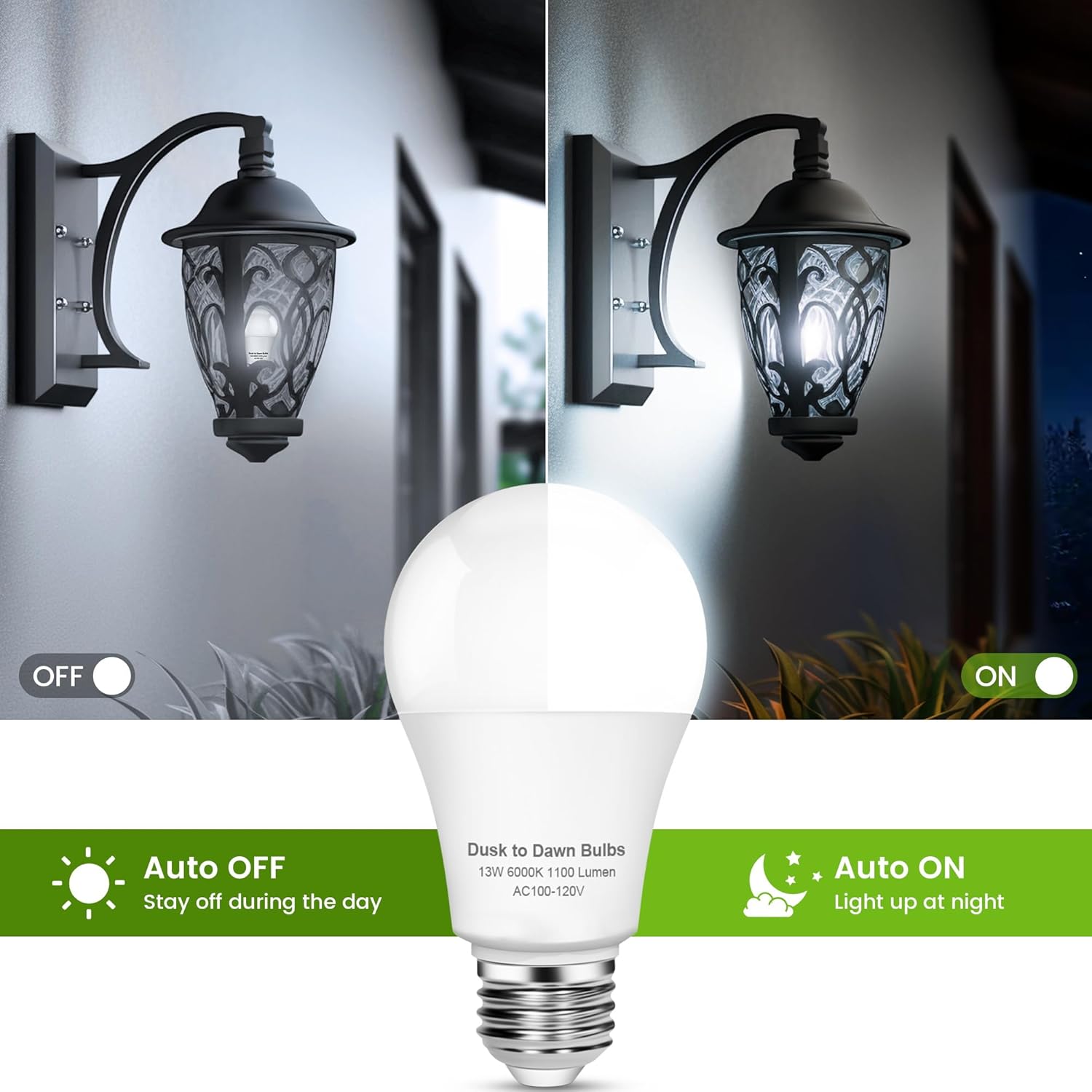 OHLUX Dusk to Dawn Outdoor Light Bulb 13W 60W Equivalent Energy Saving A19 E26 LED Bulb, 6000K Cool White Smart Automatic On/Off Photocell Sensor, 1100LM, 4 Pack - Image 3