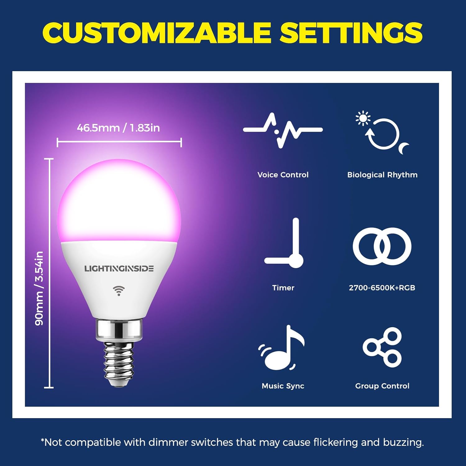 Lightinginside E12 Smart Light Bulbs 50W Equivalent, 5W 550LM WiFi G16 1/2 Candelabra LED Light Bulbs Compatible with Alexa & Google Assistant, Ceiling Fan Light Bulbs, 2.4G WiFi Only, ETL Listed,1PC - Image 7