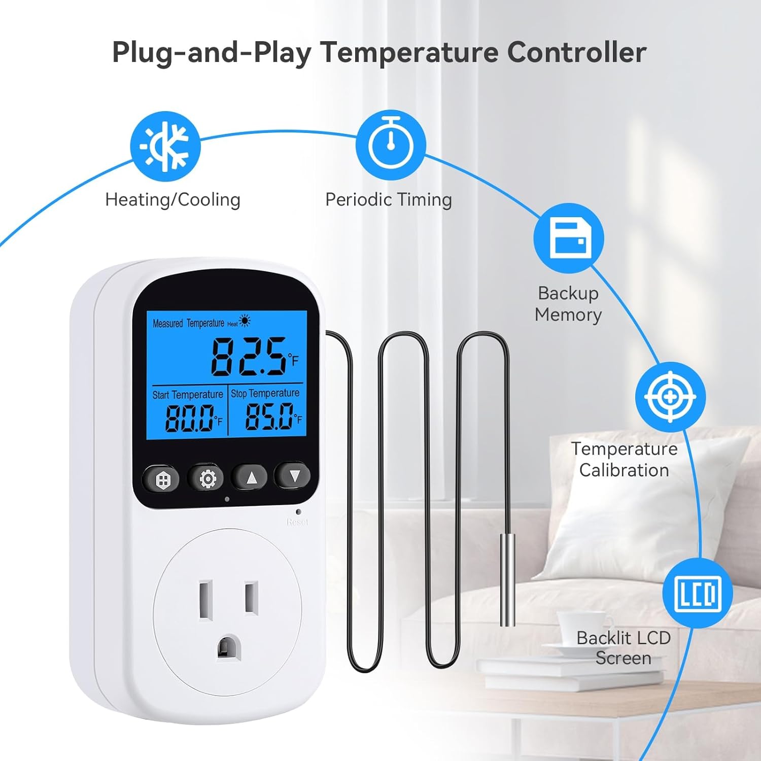 INKBIRDPLUS Plug in Temperature Controller Outlet, Smart Heating Cooling Control with 4 Timing Modes, Backlit LCD, Calibration, Ideal for Reptile, Incubation, Aquarium, Home Brewing (TC+CD) - Image 4