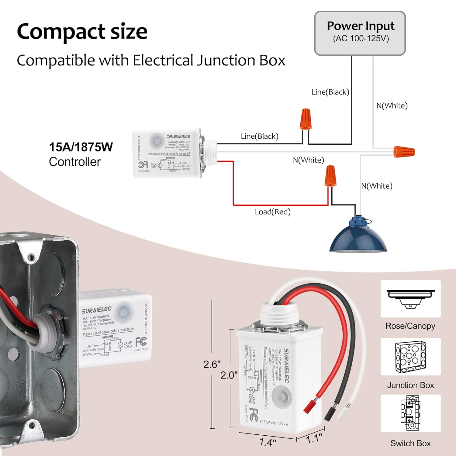 SURAIELEC Wireless Light Switch and Receiver Kit, 15A High Power, No Wiring, No Interference, 100ft RF Range, Expandable Remote Control Wall Switches for Lamp, Ceiling Light, Fan, Outdoor Lighting - Image 6