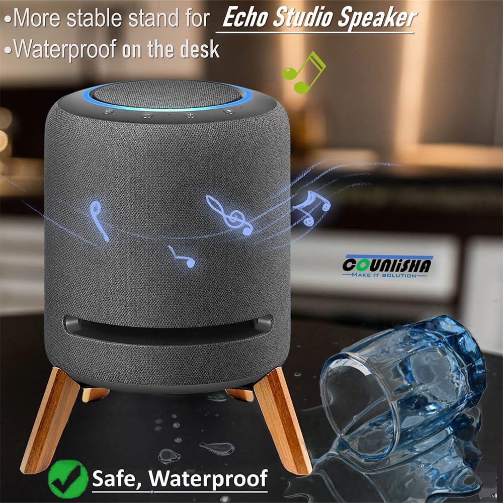 Real Wood Stand for New Echo Studio Smart Speaker,Tripod Table Mount Accessories Protect Audio for Better Sound,Secure Stable Wooden Holder for Alexa Studio 2024 (Black Walnut) - Image 4