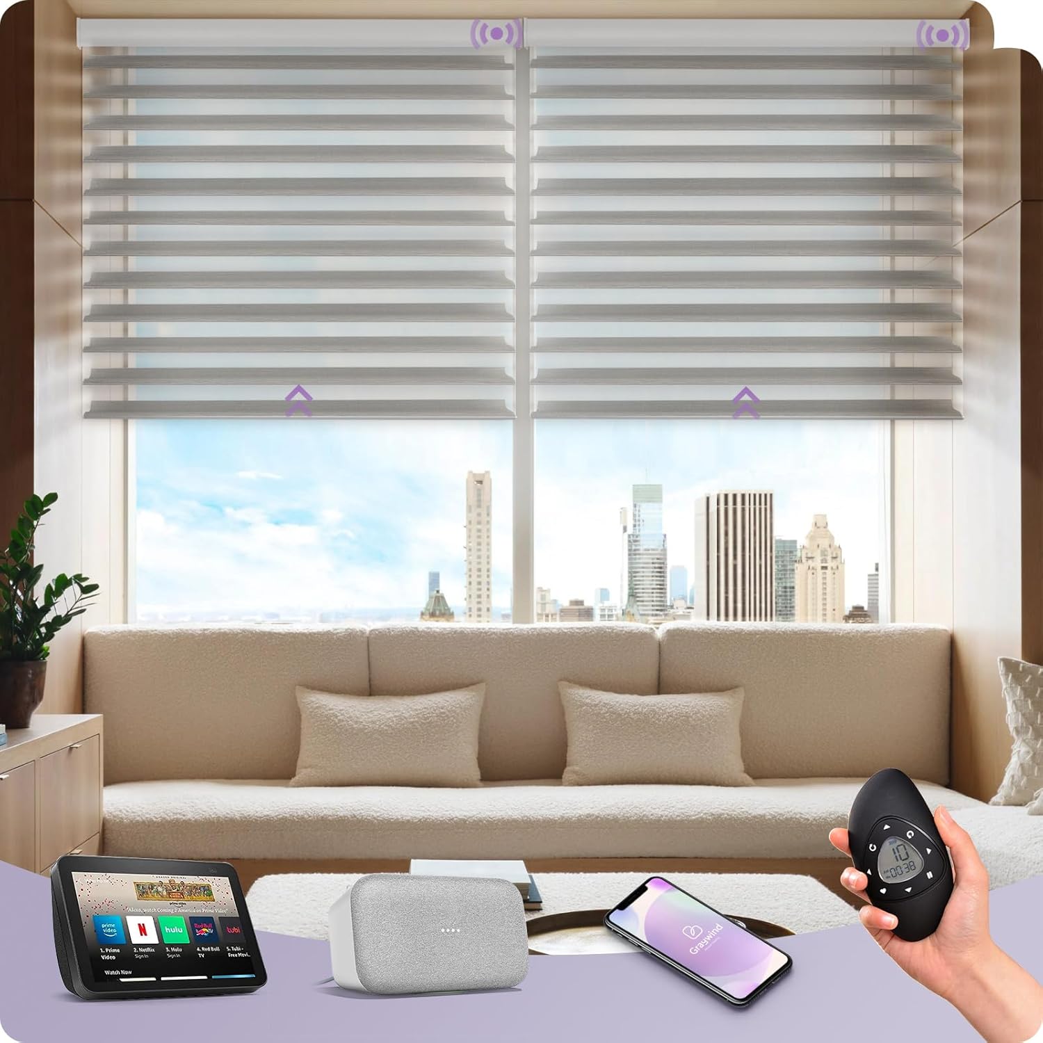 Graywind Motorized Blinds Shangri-la Shades Compatible with Alexa Google Rechargeable Smart Window Shade Remote Voice Control Custom Size 90% Blackout Striped Brown - Image 2