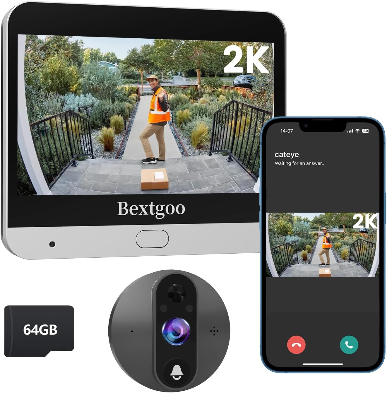 2K Peephole Doorbell Camera with 64GB Memory Card, Bextgoo Digital Door Viewer with 4.3-Inch Color Monitor, 8000mAh Battery, 170° Wide View, Smart Motion Detection Alerts, Night Vision - Image 2