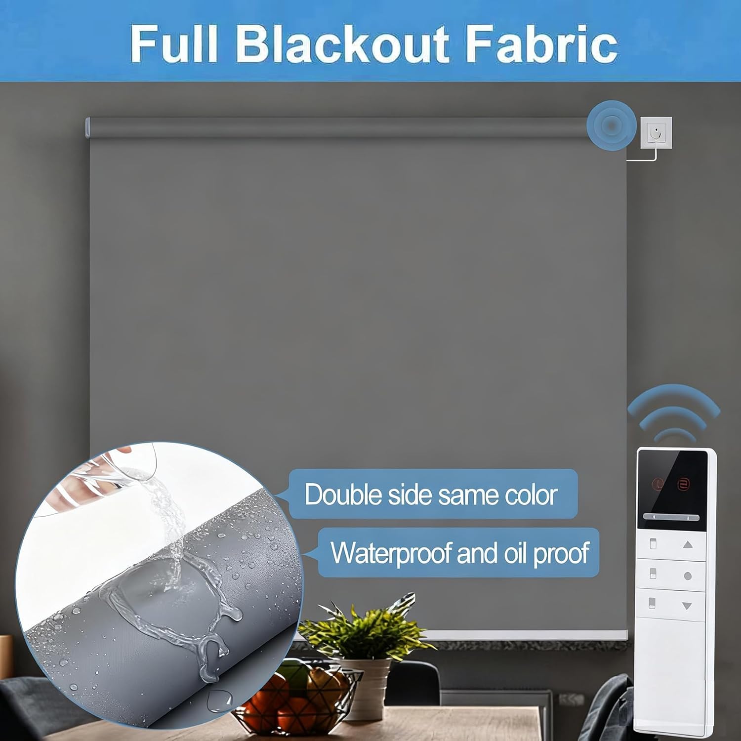 TIPIACE Rechargeable or Hard-Wired Motorized Blinds Full Blackout Thick Waterproof Fabric Roller Shade Compatible Alexa Google via Hub (Dark Grey) - Image 7