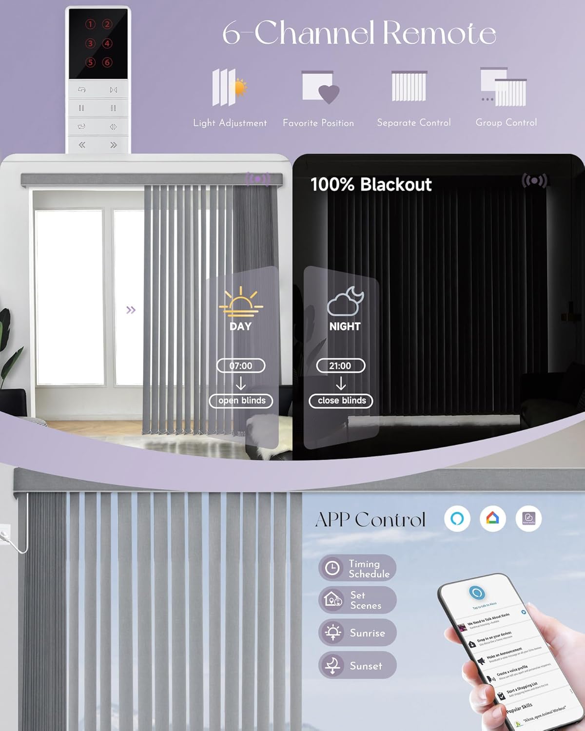 Graywind Motorized Vertical Window Blinds Compatible with Alexa Google Smart Blinds Remote Control Track Slats for Sliding Patio Door Width Up to 157" Blackout Light Grey - Image 4