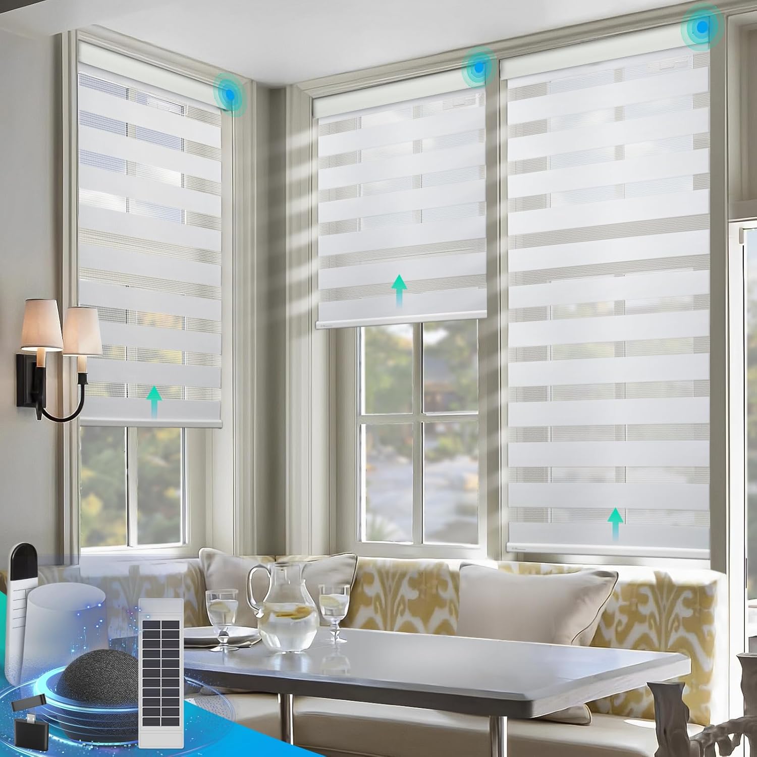 DENFOON Motorized Zebra Blinds, Solar Powered Dual Layer Automatic Shades with Remote Control, Rechargeable Smart Blinds Horizontal Wireless Electric Shades for Windows, Custom Size, White, 34 x 72 - Image 2