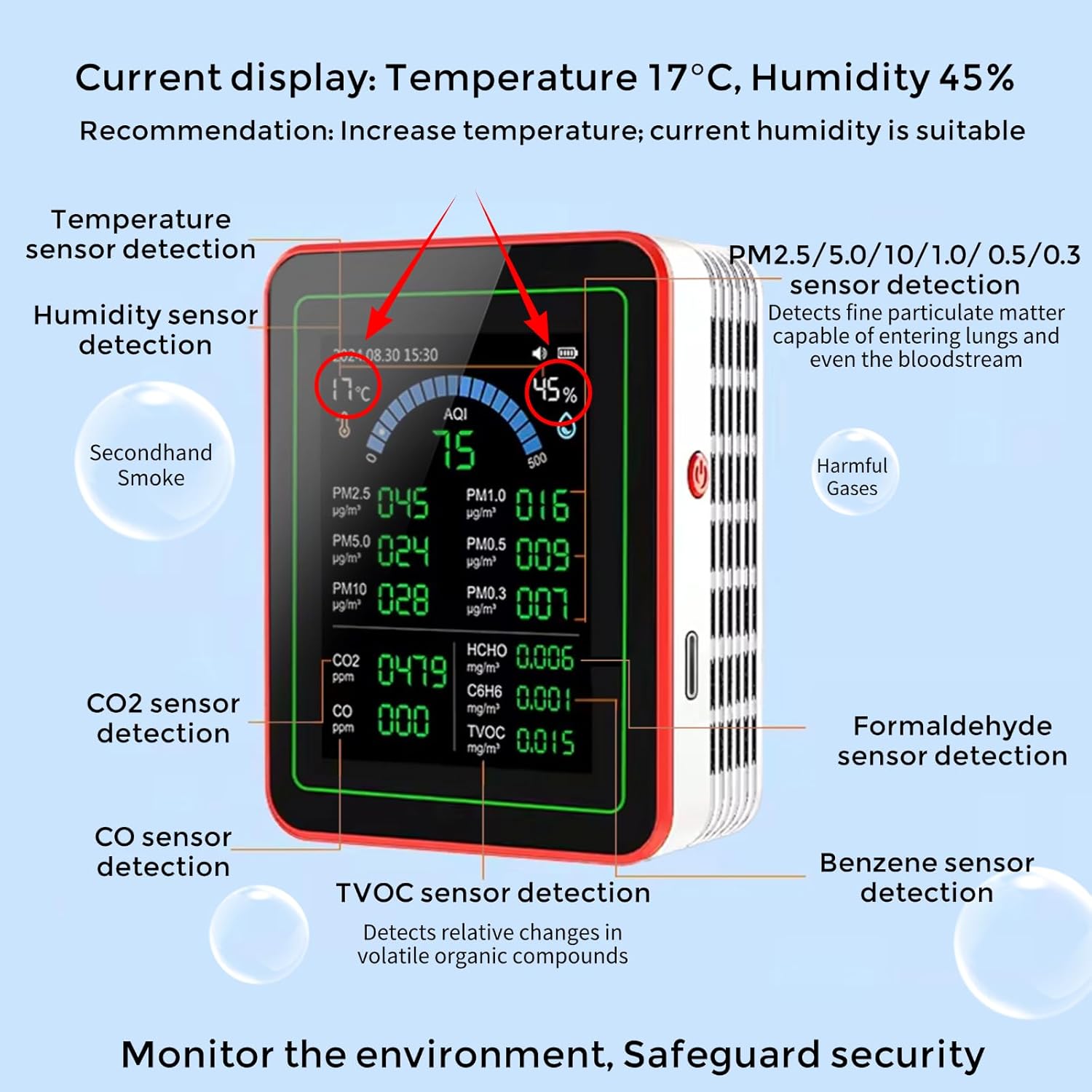 TianfuSpanda18-in-1 Smart Air Quality Monitor Indoor, CO2/CO/HCHO/TVOC/C6H6/PM0.3-10 Detection, Real-Time Data Logging & Bluetooth Sync, AQI Alarm, Type-C Charging for Home/Office/Car (2.8" Display) - Image 5