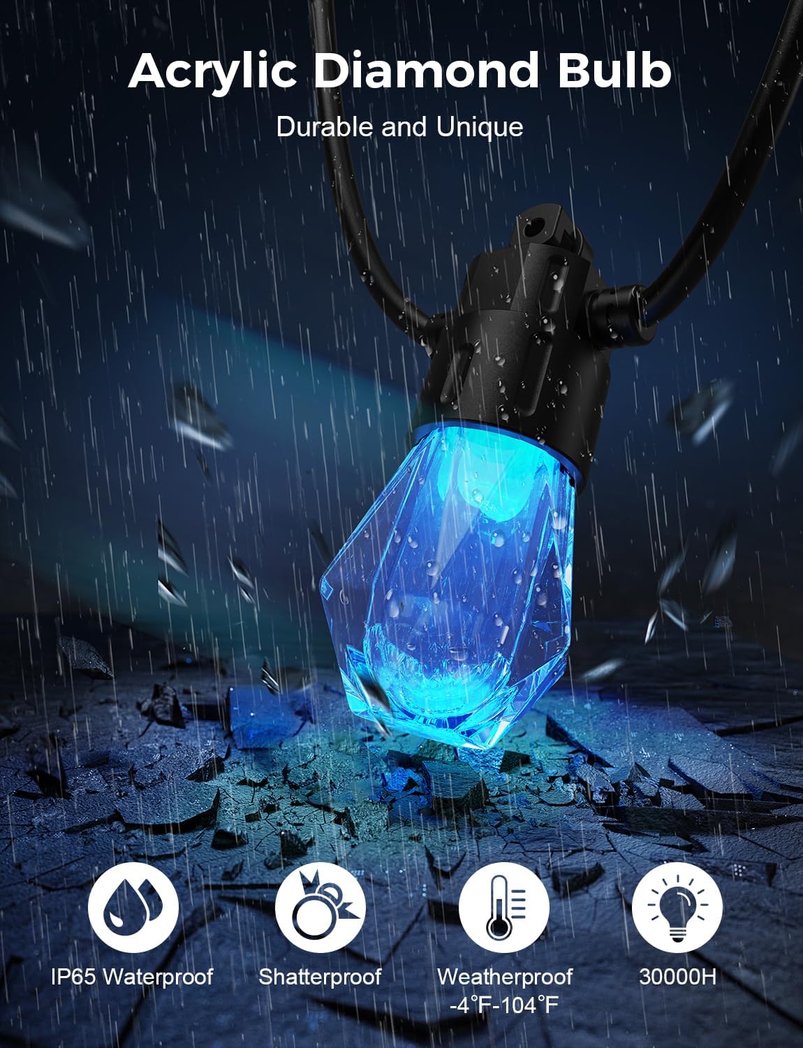 XMCOSY+ 48FT Smart Outdoor String Lights - RGBCWIC Dimmable Acrylic Bulbs, Color Changing LED Patio Light APP WiFi Control, Work with Alexa, IP65 Waterproof for Backyard Yard Porch Cafe Bistro Gazebo - Image 6
