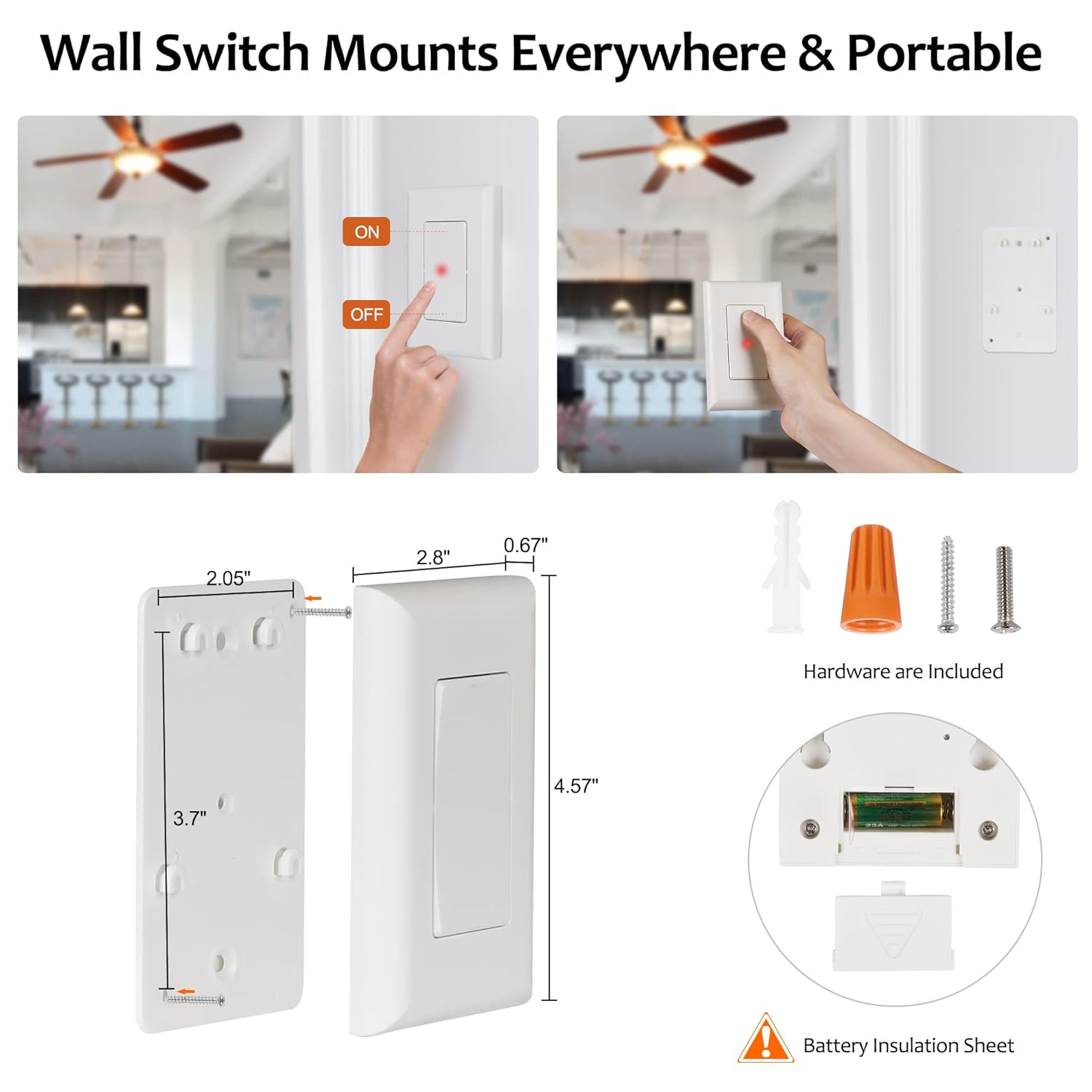 SURAIELEC Wireless Light Switch and Receiver Kit, 15A High Power, No Wiring, No Interference, 100ft RF Range, Expandable Remote Control Wall Switches for Lamp, Ceiling Light, Fan, Outdoor Lighting - Image 7