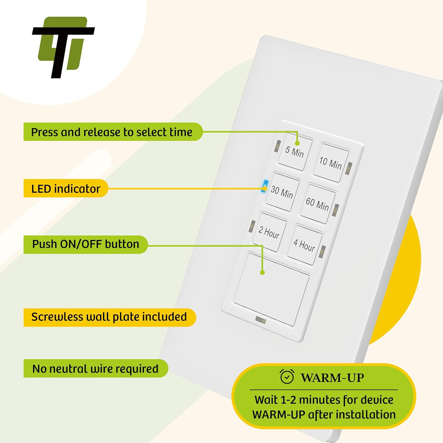 TG 4 Hour Countdown Timer Switch, 5-10-30-60 Min, 2-4 Hour, in Wall Timer Switch for Bathroom Fans, Lights, 120VAC Neutral Wire Required, UL Listed, White, 2 Pack - Image 6