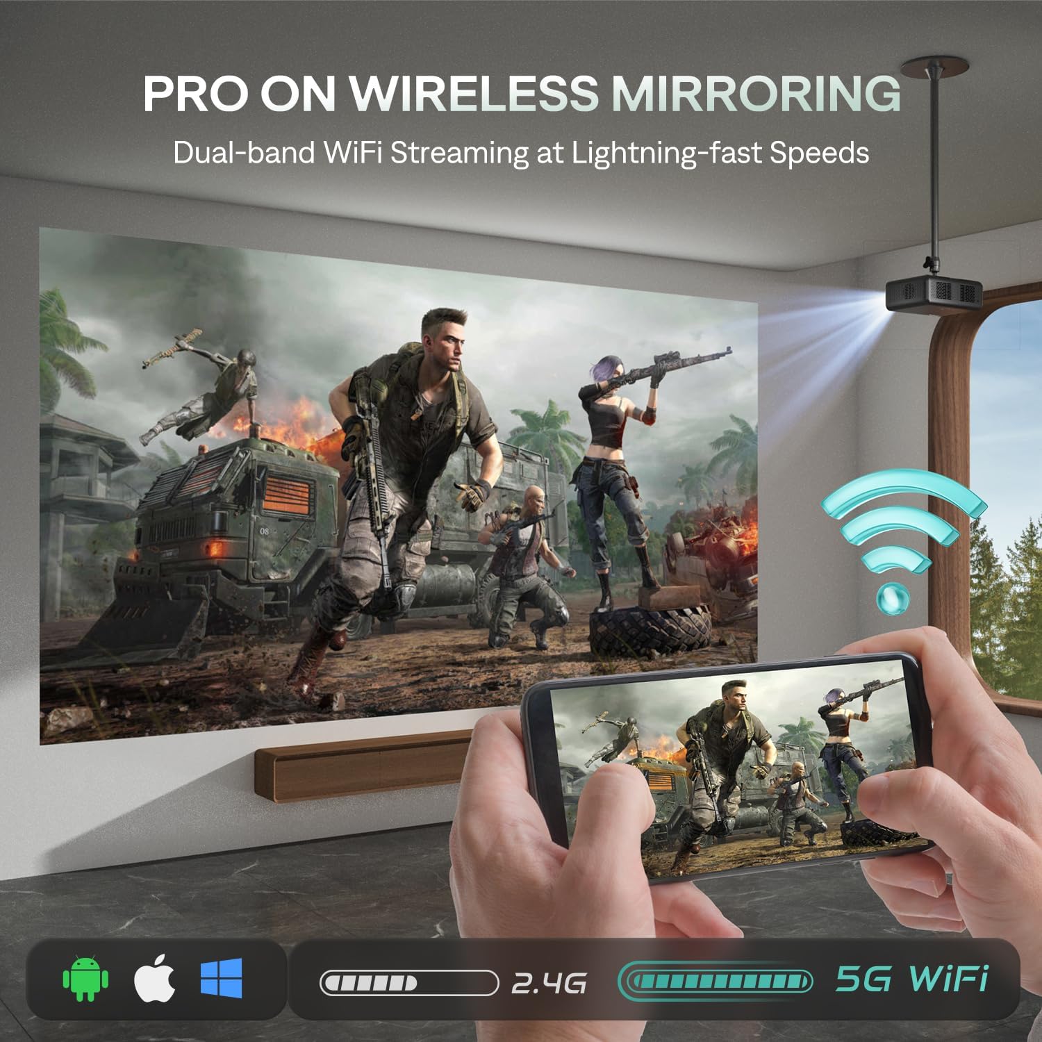 Aurzen Smart Projector 4K Supported, Netflix Official with WiFi and Bluetooth, 20W Speakers, Dolby & DBX-tv Total Sonics, Auto Focus & Keystone, Native 1080P Portable Projector, Gray - Image 7