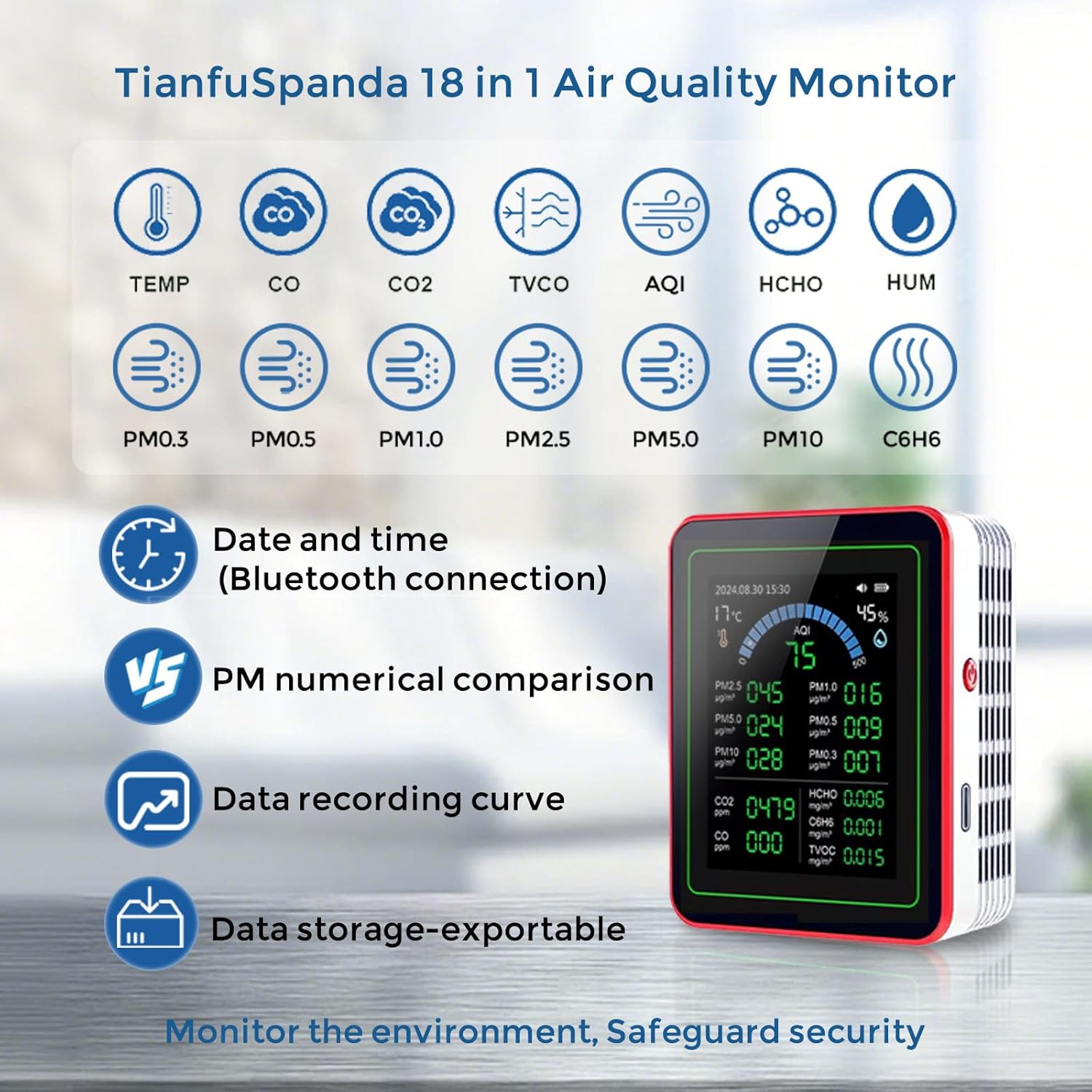 TianfuSpanda18-in-1 Smart Air Quality Monitor Indoor, CO2/CO/HCHO/TVOC/C6H6/PM0.3-10 Detection, Real-Time Data Logging & Bluetooth Sync, AQI Alarm, Type-C Charging for Home/Office/Car (2.8" Display) - Image 3