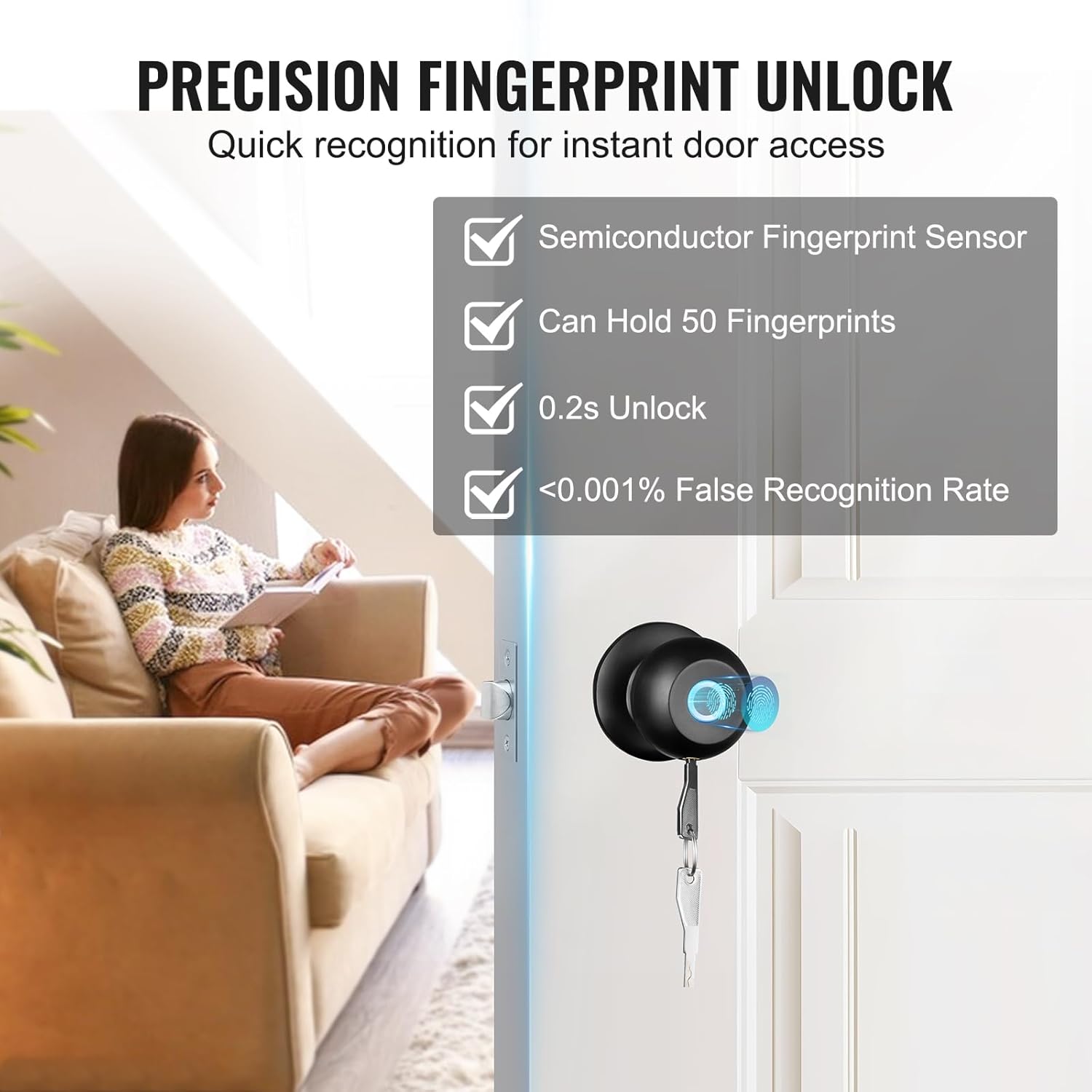 VEVOR Smart Door Knob, Fingerprint Smart Lock with APP Control, Biometric Door Lock Bluetooth Smart Lock, Easy Installation Door Lock, for Home Bedrooms, Cloakroom, Hotels, Apartments Offices, Black - Image 5