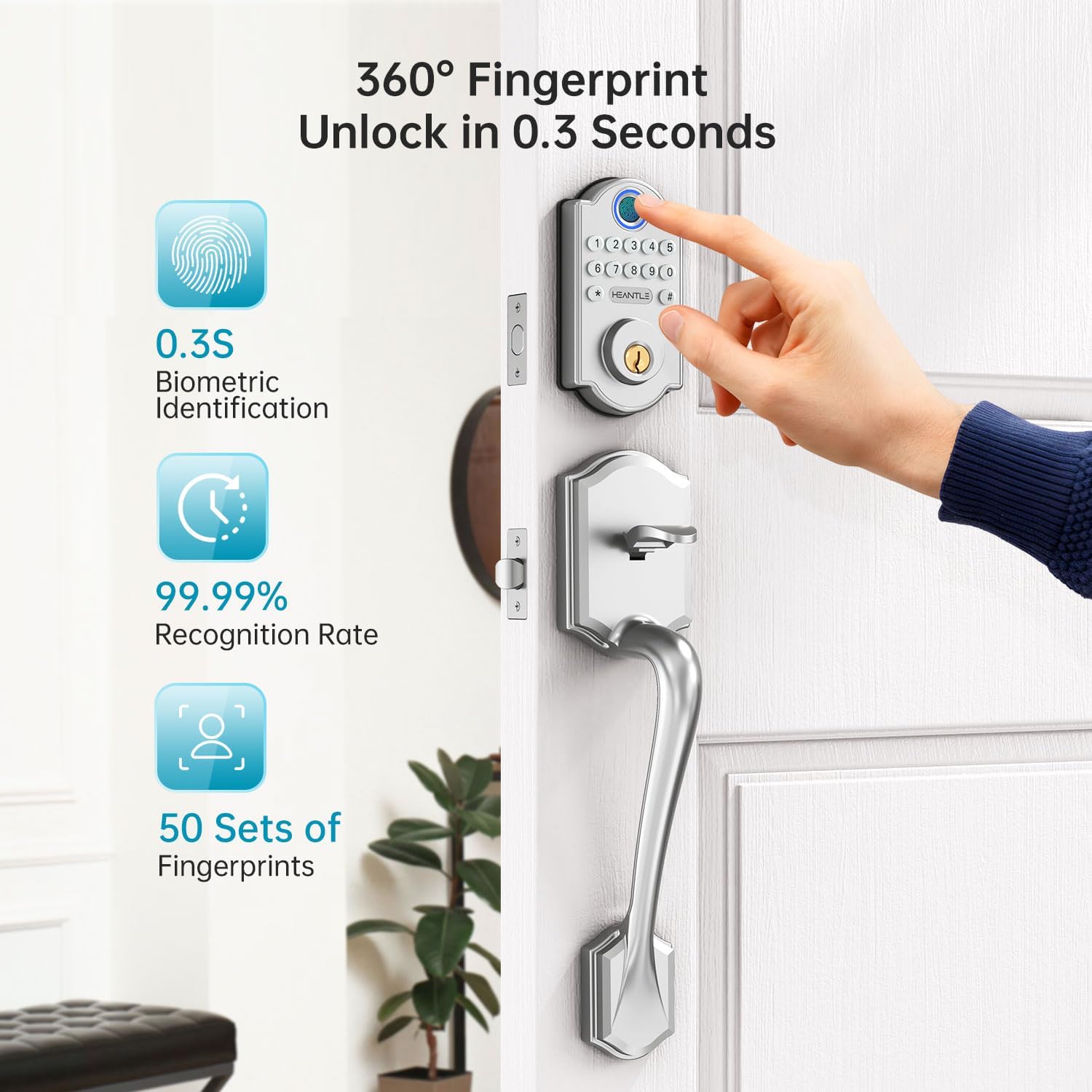 Smart Deadbolt Door Lock: Keyless Entry Door Lock with Fingerprint Electronic Deadbolt for Front Door Auto Lock Simple Installation Keypad Door Lock Silver - Image 3