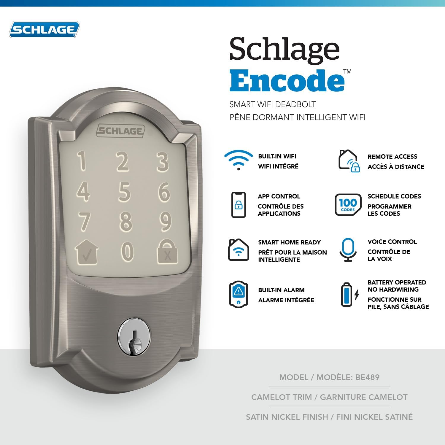 Schlage Encode Smart WiFi Deadbolt Lock and Camelot Accent Passage Lever Combo - Keyless Entry with App or Touchscreen with Camelot Trim, Satin Nickel, FBE489 CAM 619ACC CAM - Image 3