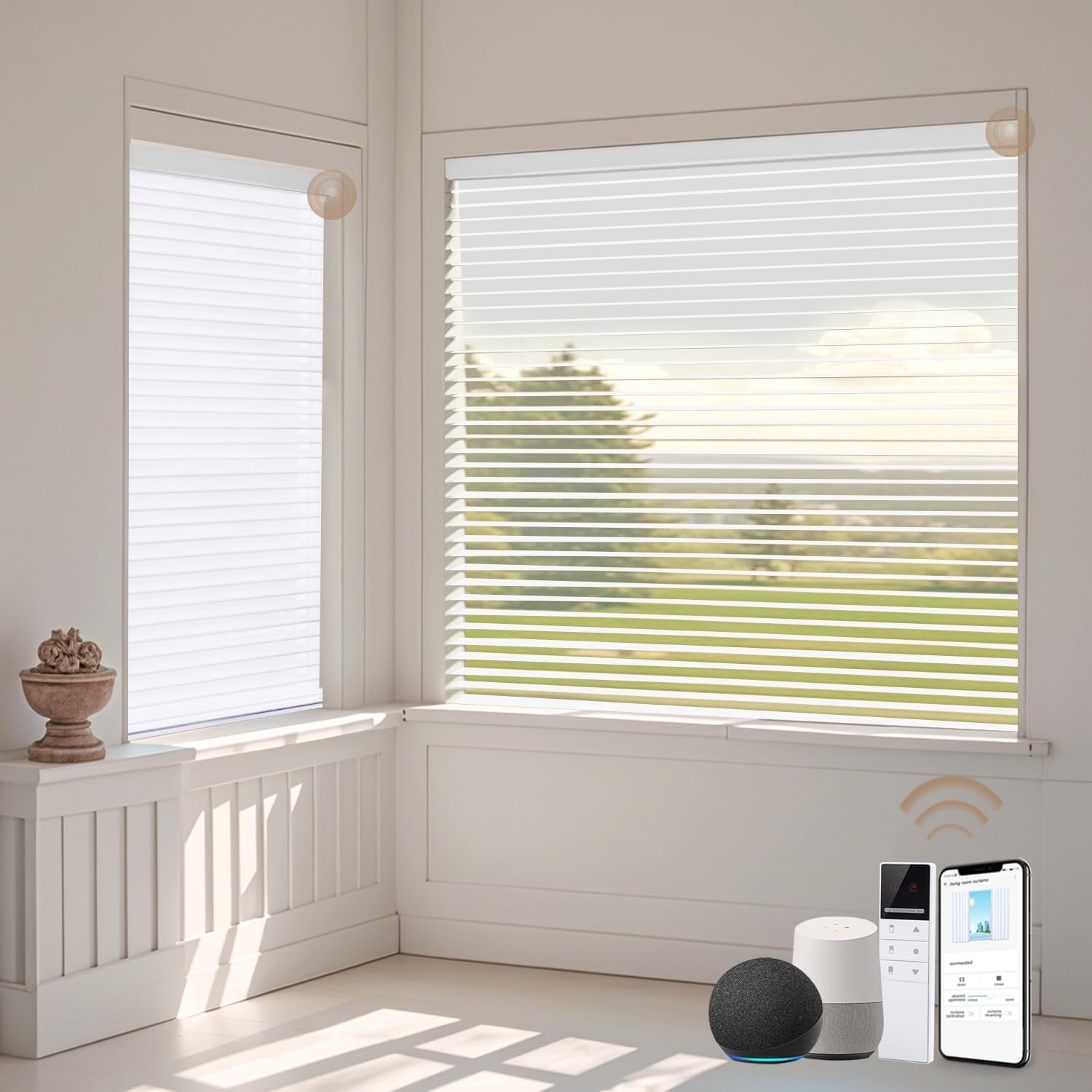 TIPIACE Motorized Shangri-la Shades Work with Alexa, Smart Blinds Motorized Horizontal Window Blinds, Remote Control 60% Blackout (white-83035A) - Image 2