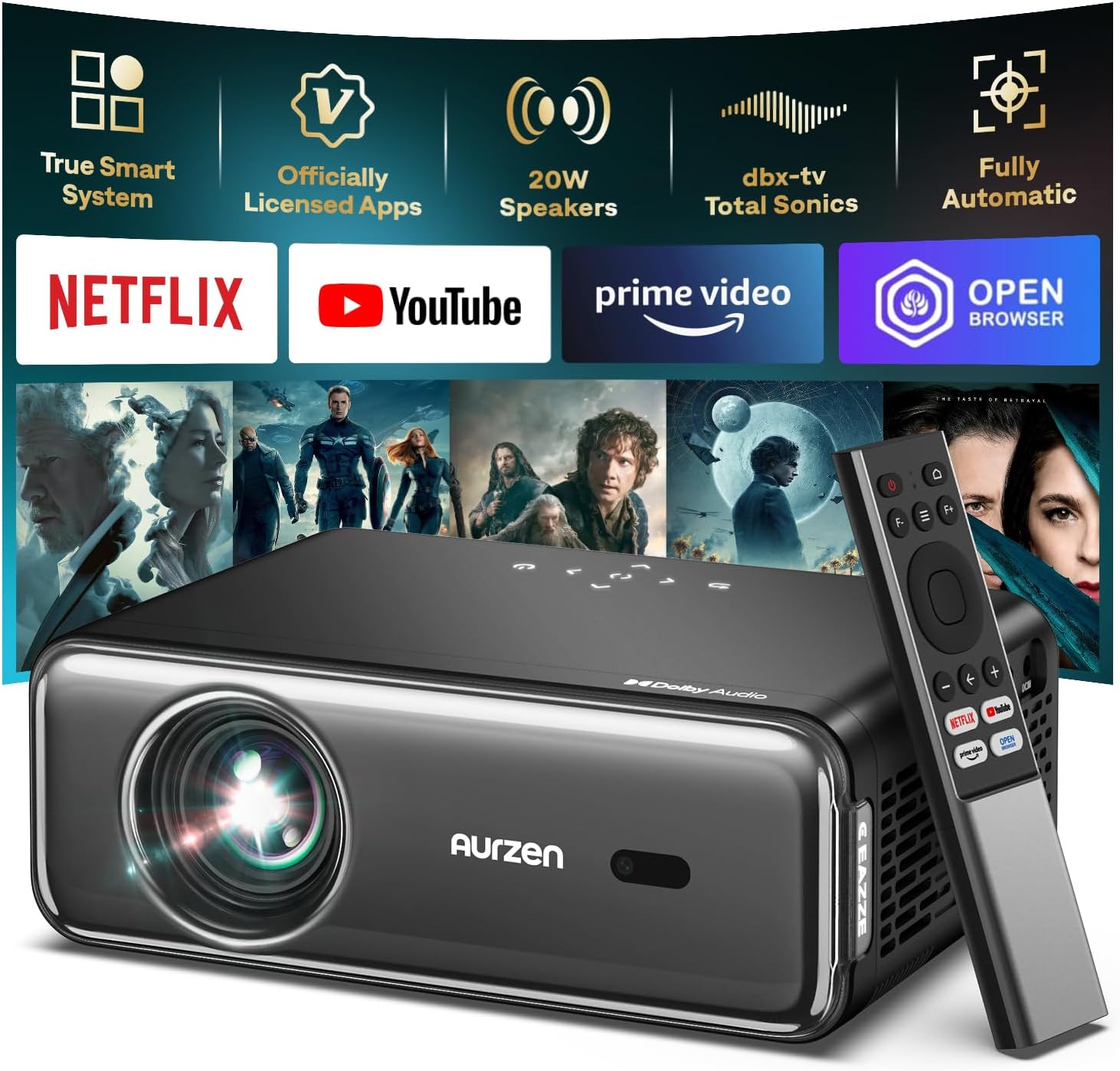 Aurzen Smart Projector 4K Supported, Netflix Official with WiFi and Bluetooth, 20W Speakers, Dolby & DBX-tv Total Sonics, Auto Focus & Keystone, Native 1080P Portable Projector, Gray - Image 2