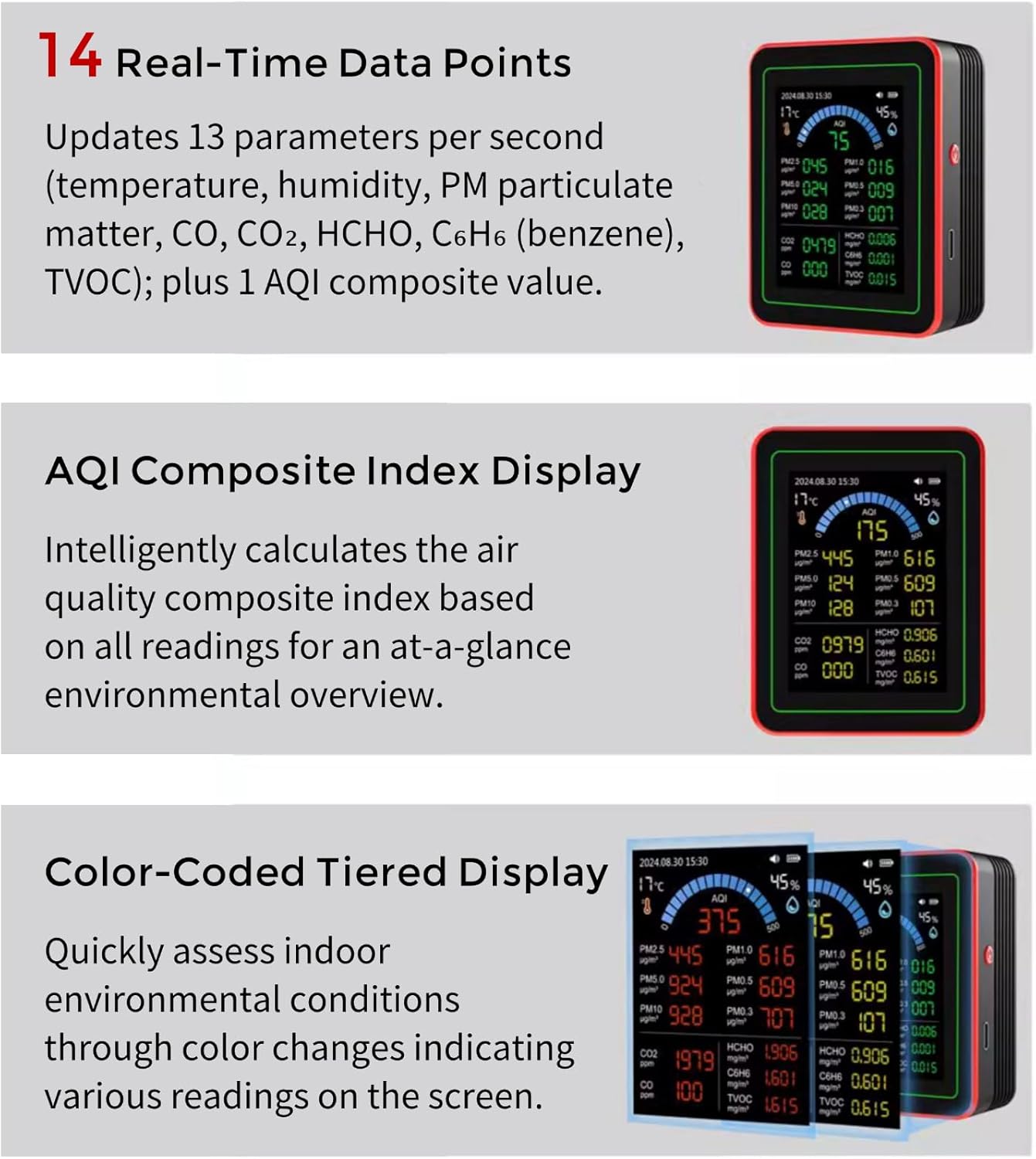 TianfuSpanda18-in-1 Smart Air Quality Monitor Indoor, CO2/CO/HCHO/TVOC/C6H6/PM0.3-10 Detection, Real-Time Data Logging & Bluetooth Sync, AQI Alarm, Type-C Charging for Home/Office/Car (2.8" Display) - Image 7