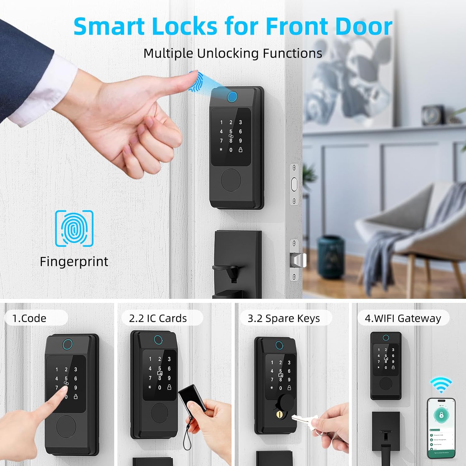 WiFi Smart Locks for Front Door, Miuedo Front Door Lock Sets, Door Handle Sets with Electronic Keypads, Keyless Entry Door Lock, Fingerprint Door Lock, Auto Lock Digital Lock (Black) - Image 6