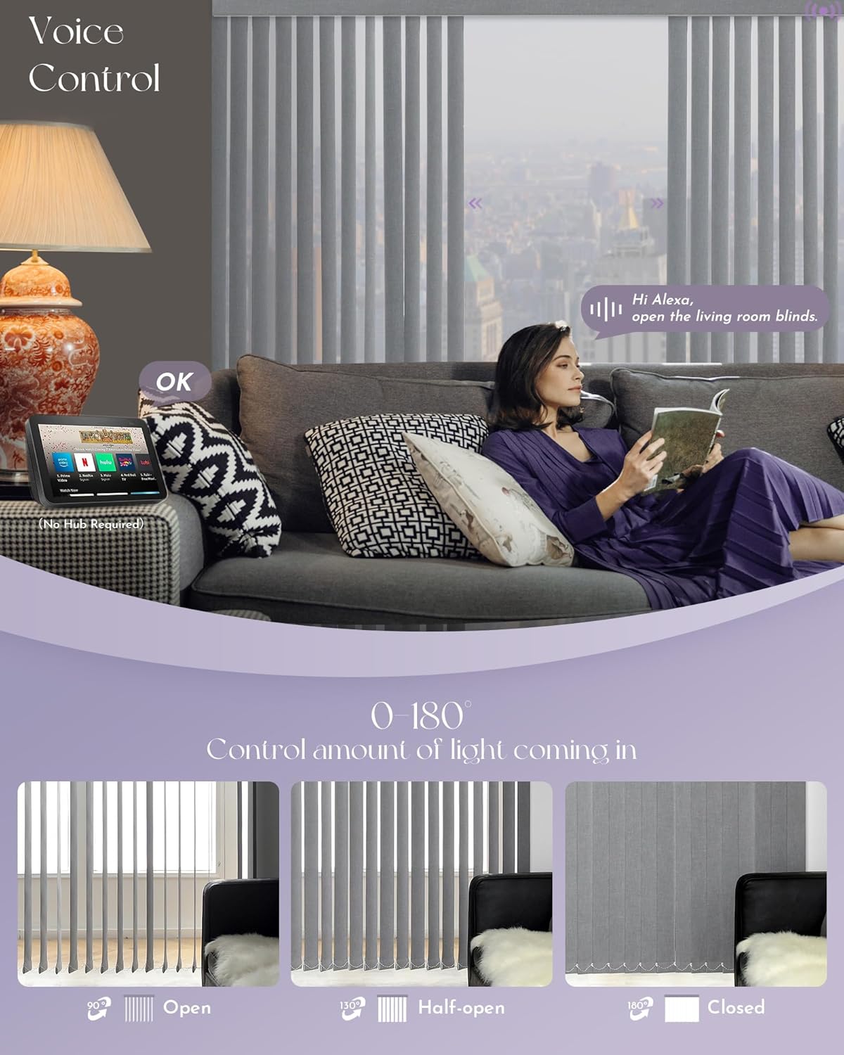 Graywind Motorized Vertical Window Blinds Compatible with Alexa Google Smart Blinds Remote Control Track Slats for Sliding Patio Door Width Up to 157" Blackout Light Grey - Image 3