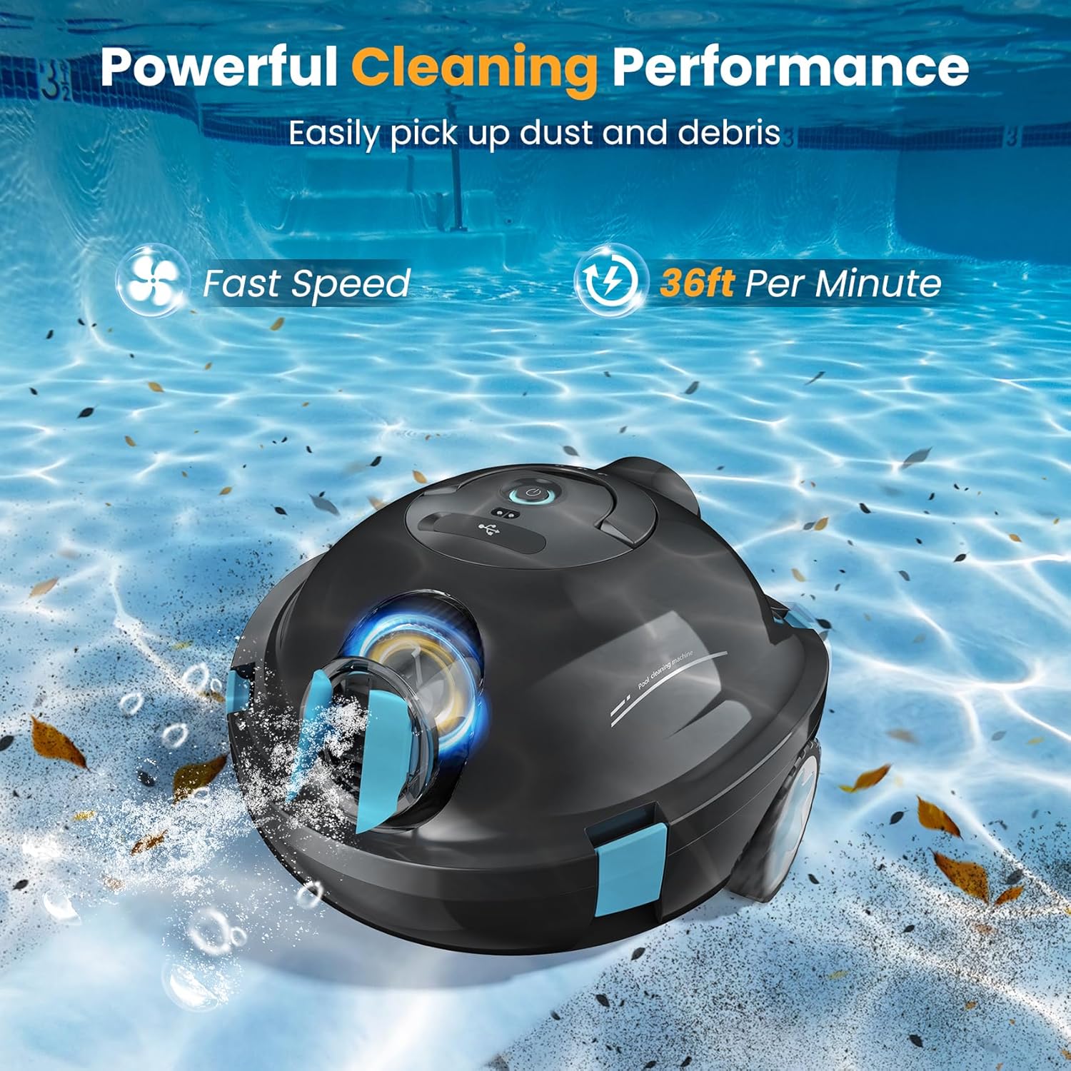 Cordless Robotic Pool Cleaner Robot, Pool Vacuum Robot with Two Suction Inlets Design, Lasts 90 Mins, Pool Robot Vacuum for Inground & Above Ground Flat Pools up to 1000 Sq.Ft, Self-Parking - Image 3