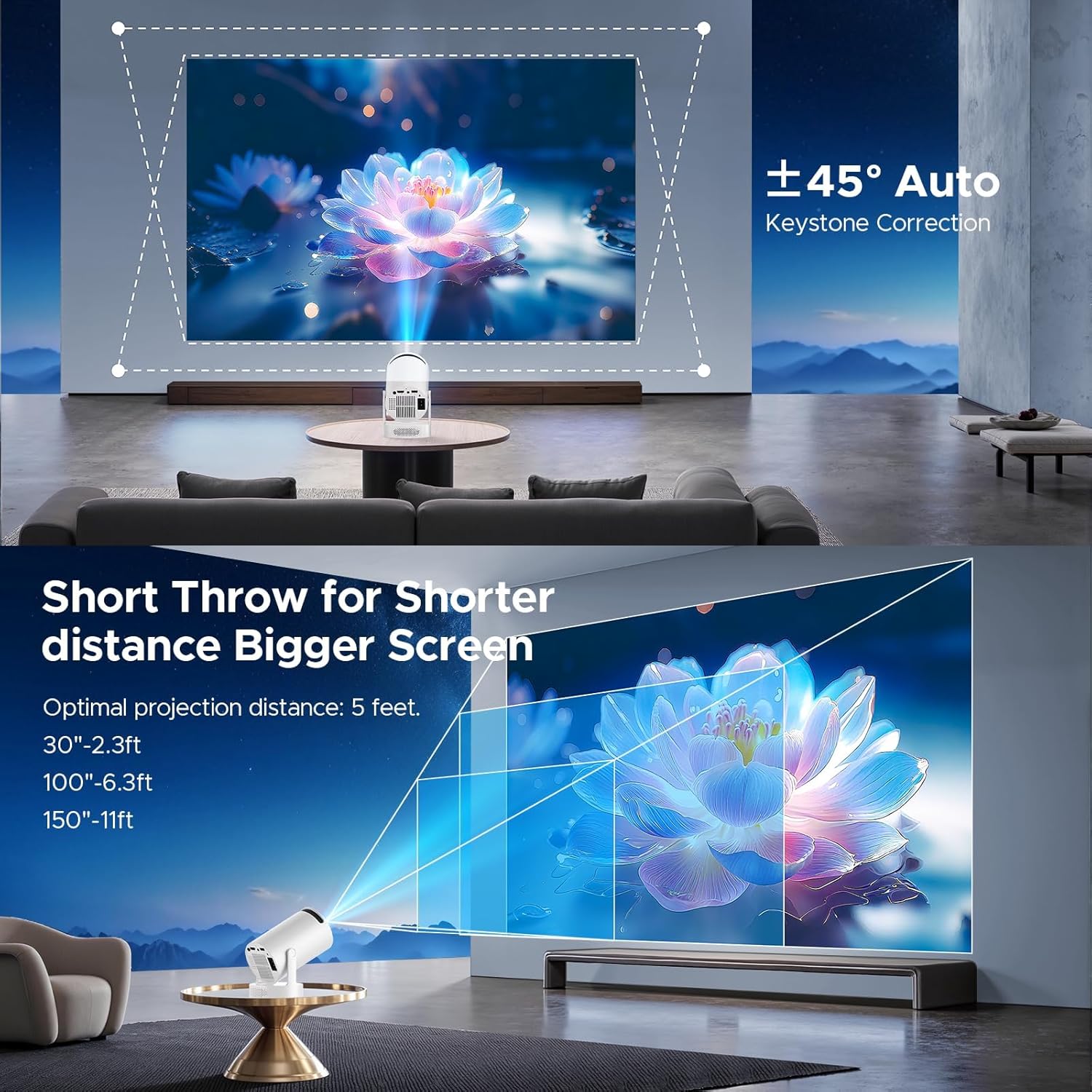 Mini Projector with Speaker, Portable Projectors Support 4K, Auto Keystone WiFi 6 Bluetooth 5.0 220° Rotation Smart Projector, Short Throw Projectors for Bedroom Home Cinema Outdoor - Image 7