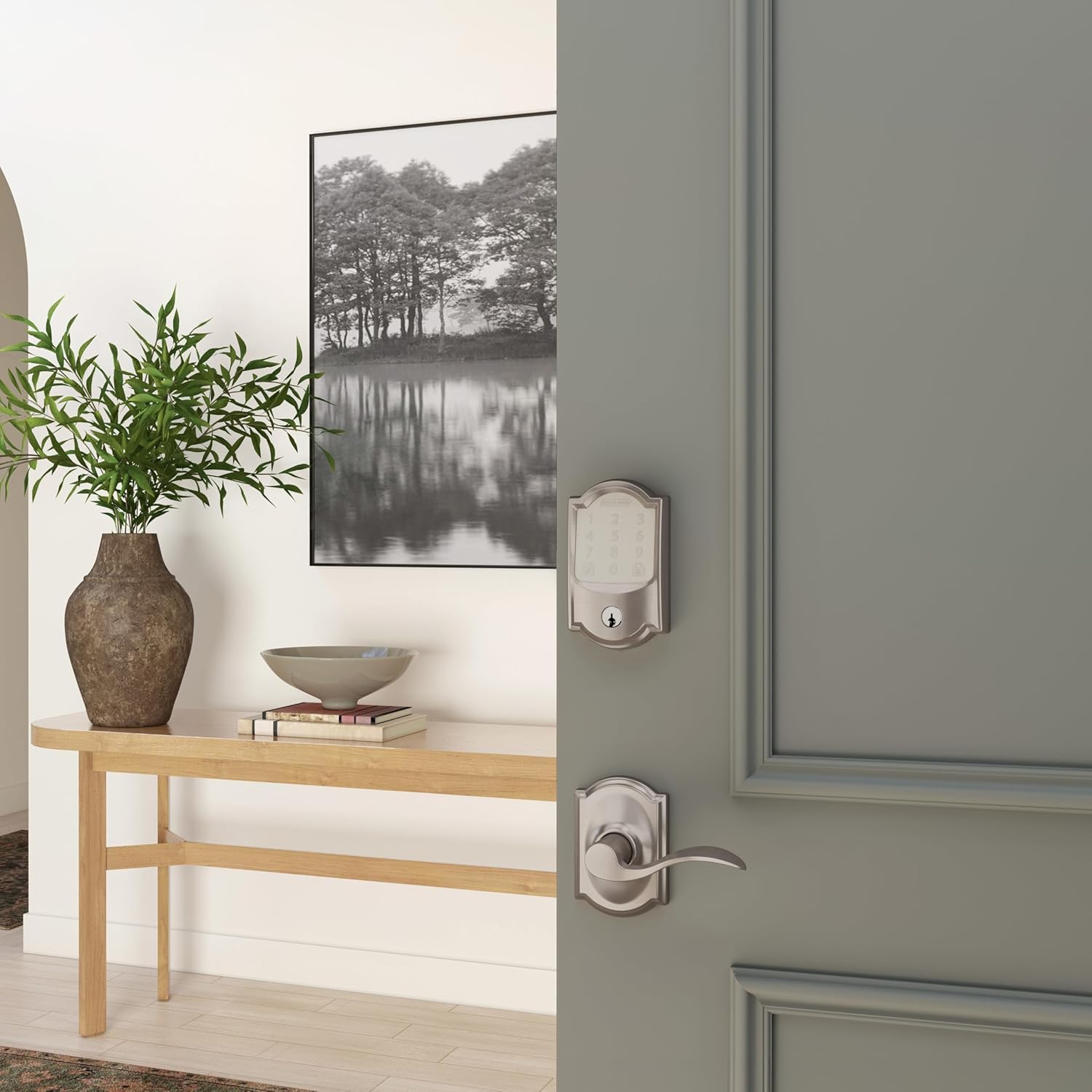 Schlage Encode Smart WiFi Deadbolt Lock and Camelot Accent Passage Lever Combo - Keyless Entry with App or Touchscreen with Camelot Trim, Satin Nickel, FBE489 CAM 619ACC CAM - Image 8