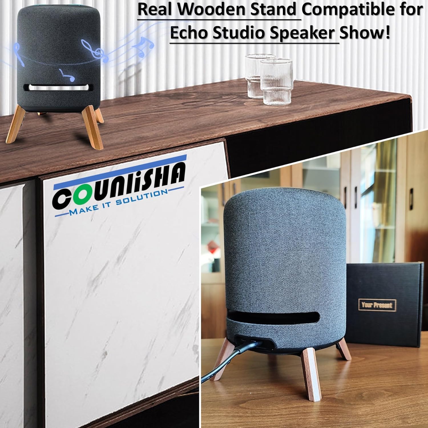 Real Wood Stand for New Echo Studio Smart Speaker,Tripod Table Mount Accessories Protect Audio for Better Sound,Secure Stable Wooden Holder for Alexa Studio 2024 (Black Walnut) - Image 3