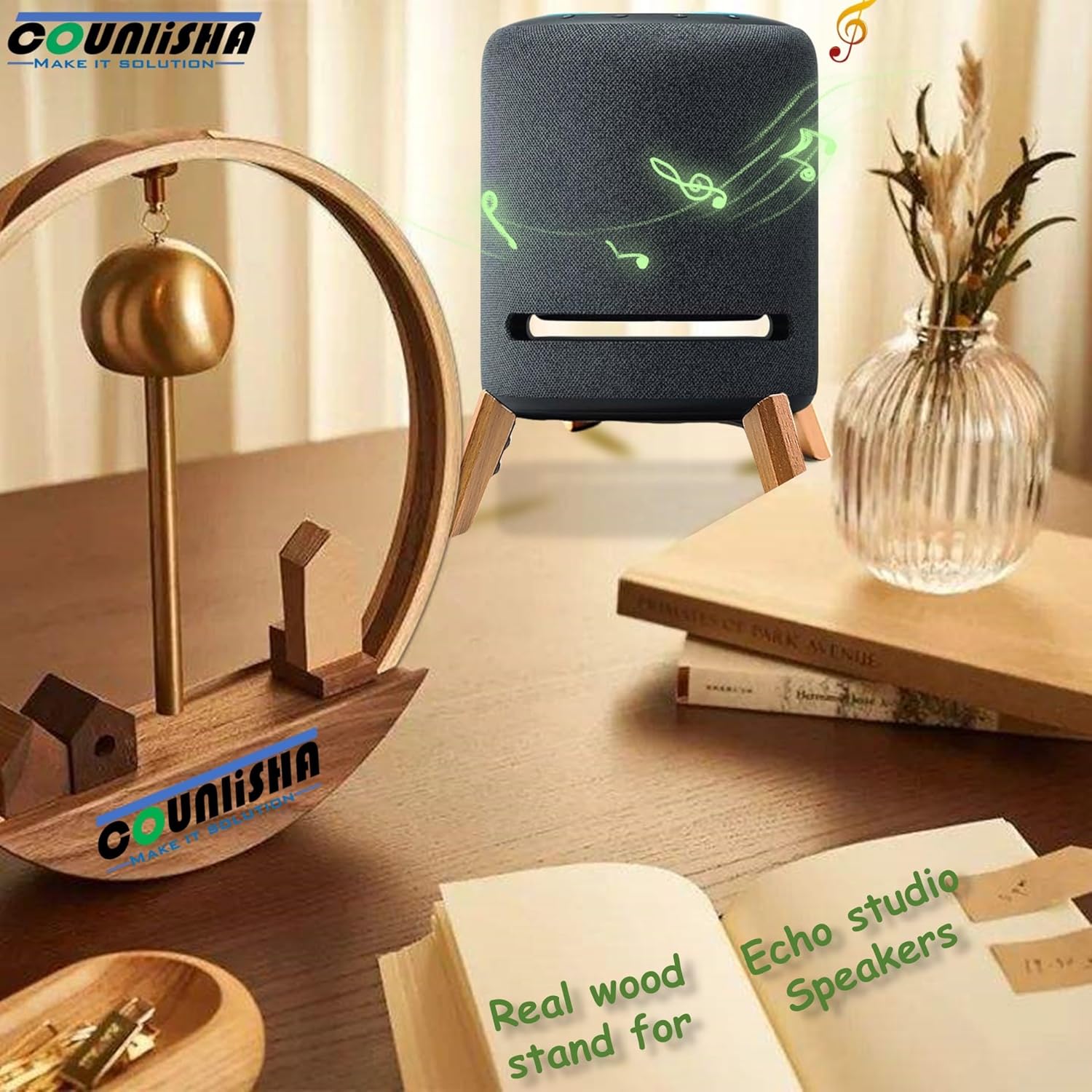 Real Wood Stand for New Echo Studio Smart Speaker,Tripod Table Mount Accessories Protect Audio for Better Sound,Secure Stable Wooden Holder for Alexa Studio 2024 (Black Walnut) - Image 6
