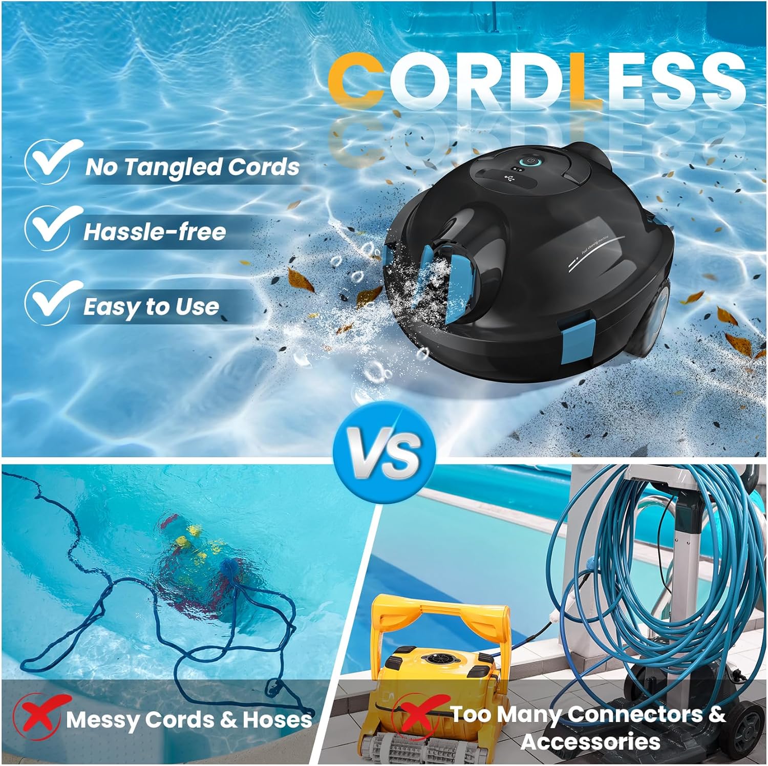 Cordless Robotic Pool Cleaner Robot, Pool Vacuum Robot with Two Suction Inlets Design, Lasts 90 Mins, Pool Robot Vacuum for Inground & Above Ground Flat Pools up to 1000 Sq.Ft, Self-Parking - Image 5