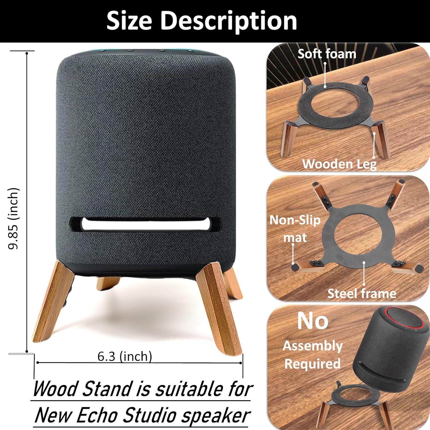 Real Wood Stand for New Echo Studio Smart Speaker,Tripod Table Mount Accessories Protect Audio for Better Sound,Secure Stable Wooden Holder for Alexa Studio 2024 (Black Walnut) - Image 5