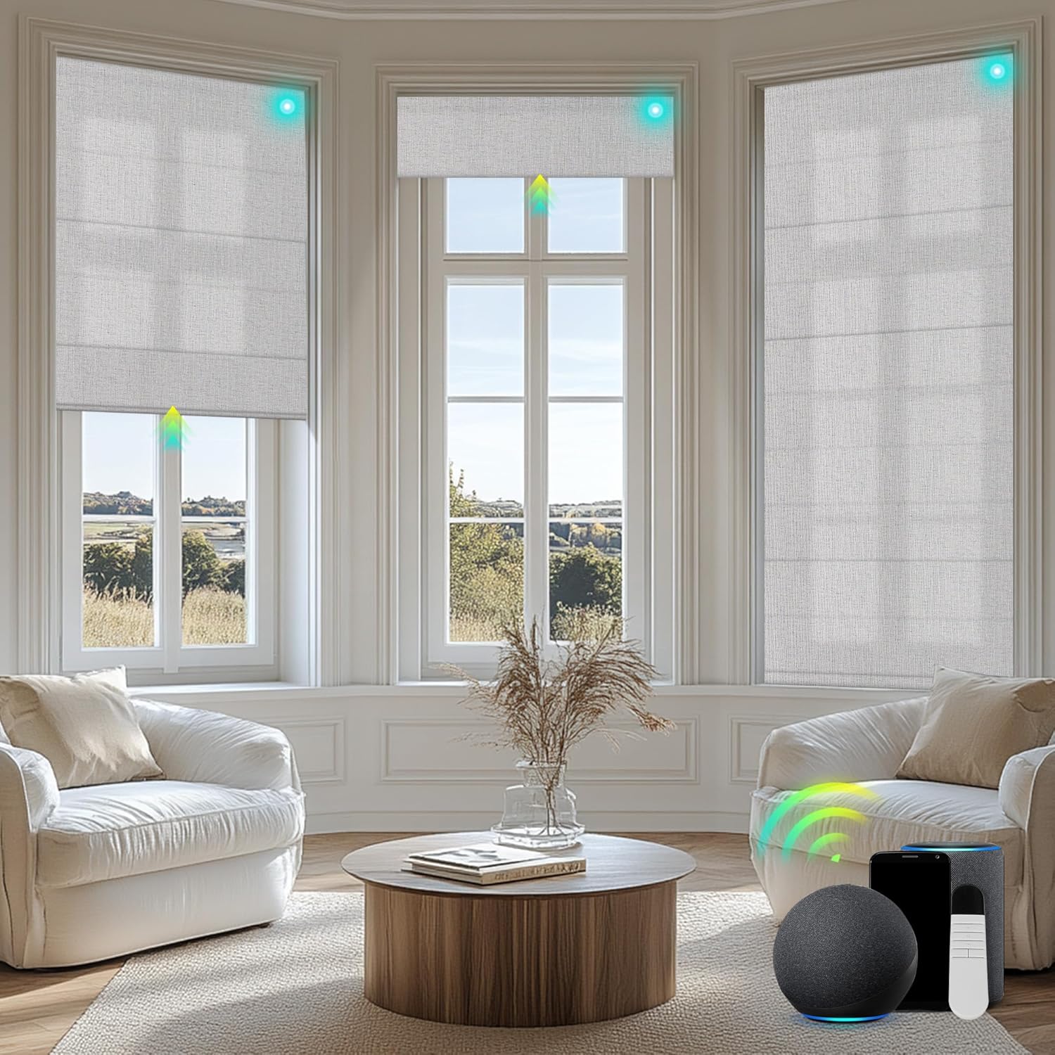 Smart Roman Shades NO Drill Roman Shades Compatible with Rechargeable Motorized Window Blinds Remote Control Light Filtering-Gray Custom Size - Image 2