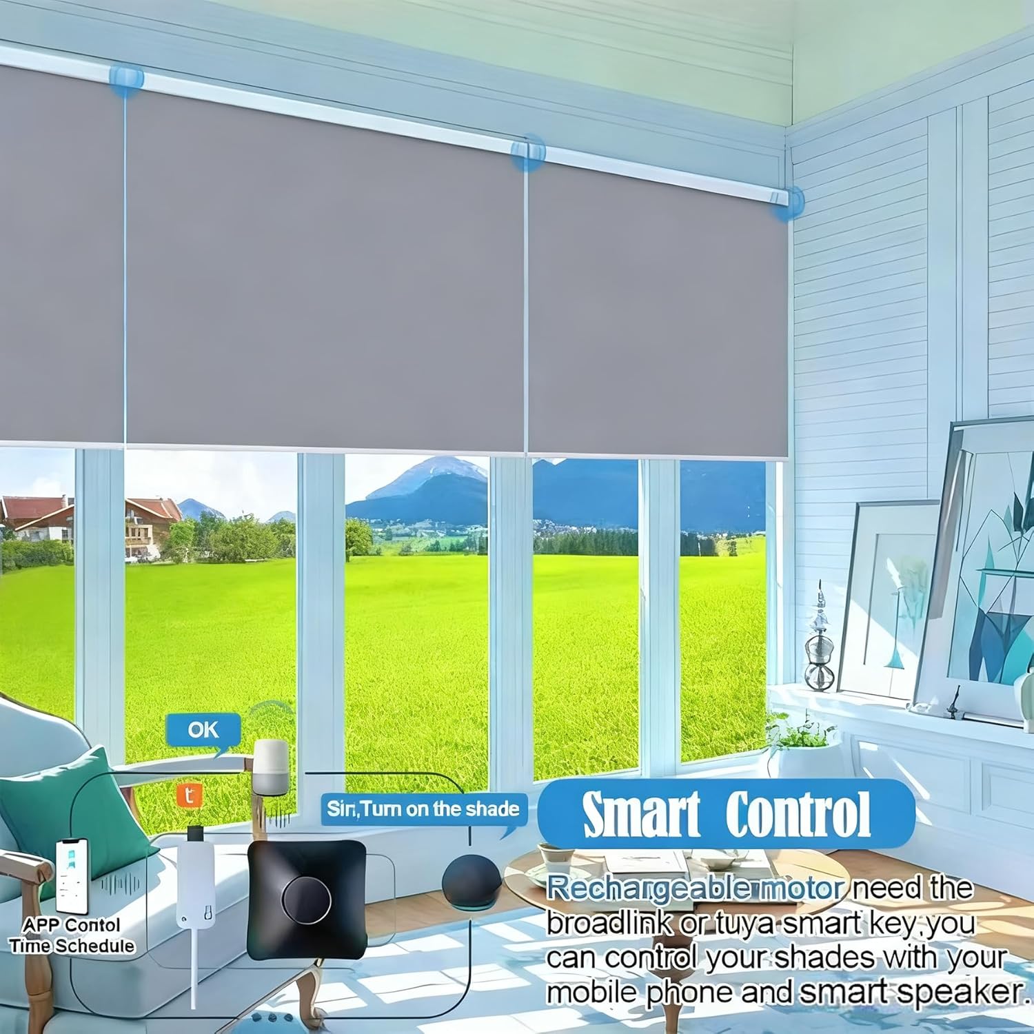 TIPIACE Rechargeable or Hard-Wired Motorized Blinds Full Blackout Thick Waterproof Fabric Roller Shade Compatible Alexa Google via Hub (Dark Grey) - Image 6