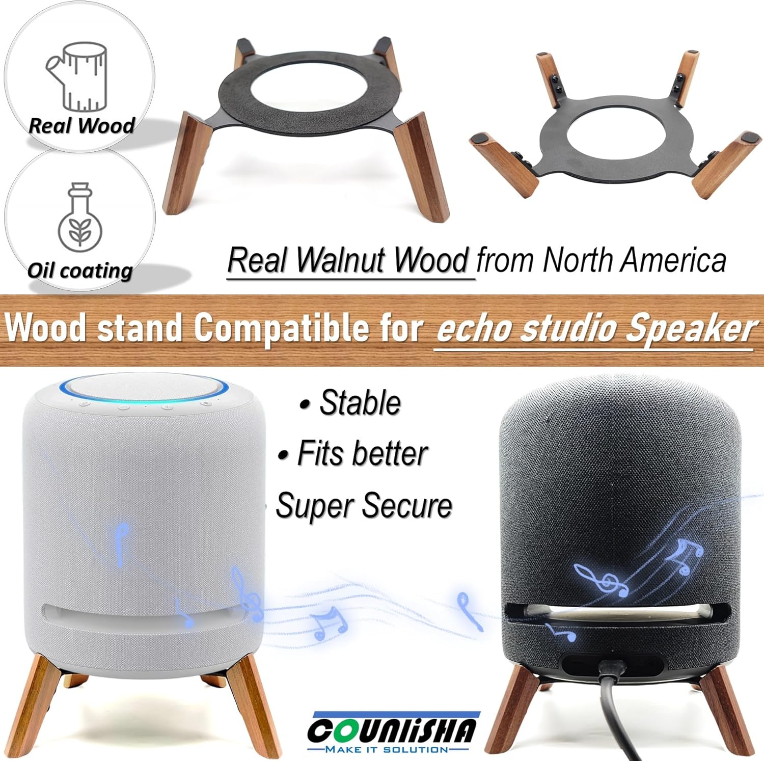 Real Wood Stand for New Echo Studio Smart Speaker,Tripod Table Mount Accessories Protect Audio for Better Sound,Secure Stable Wooden Holder for Alexa Studio 2024 (Black Walnut) - Image 7